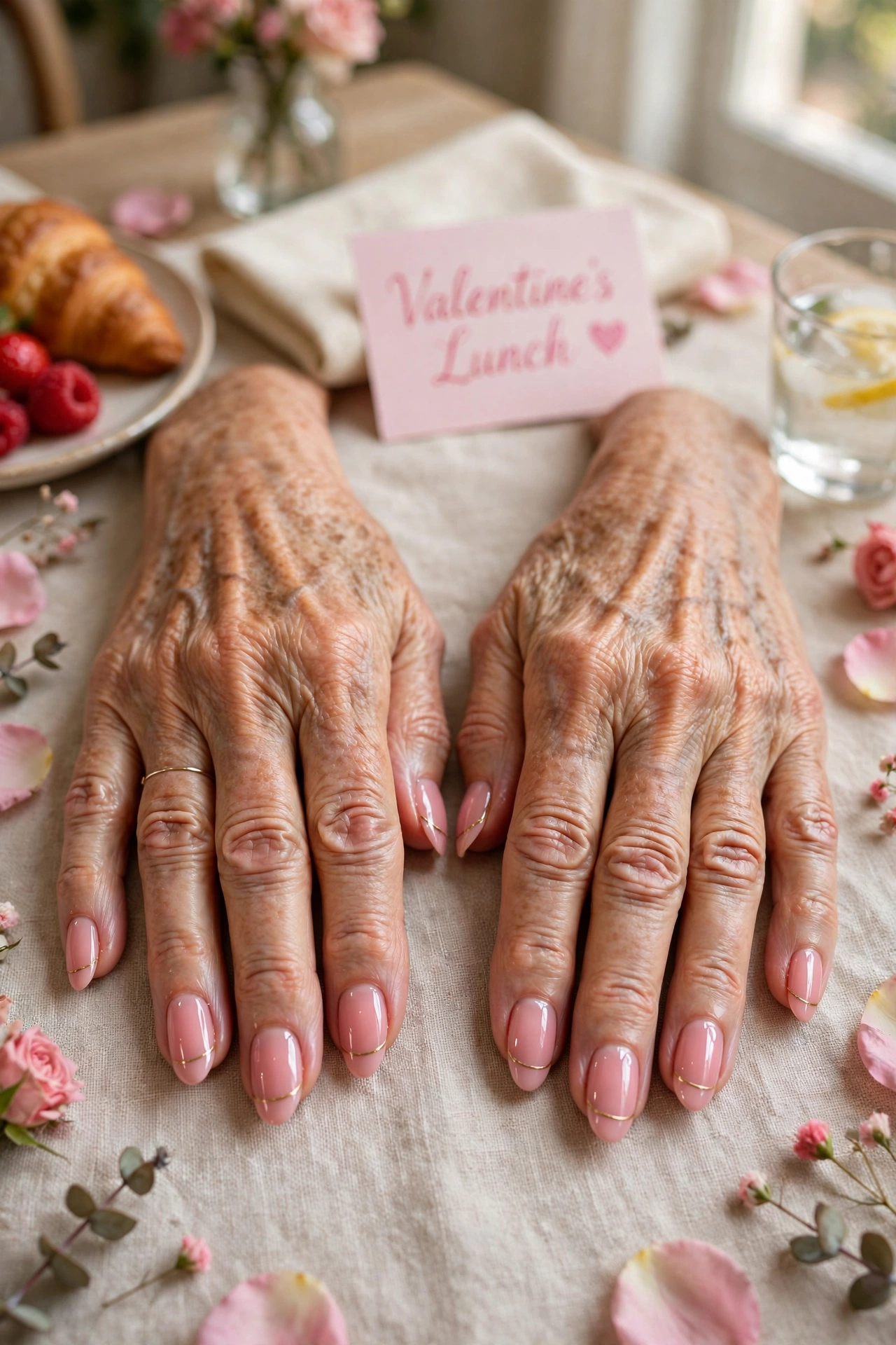 Soft Pink Pink Lip Gloss Nails in Almond Shape with a Thin Gold Line