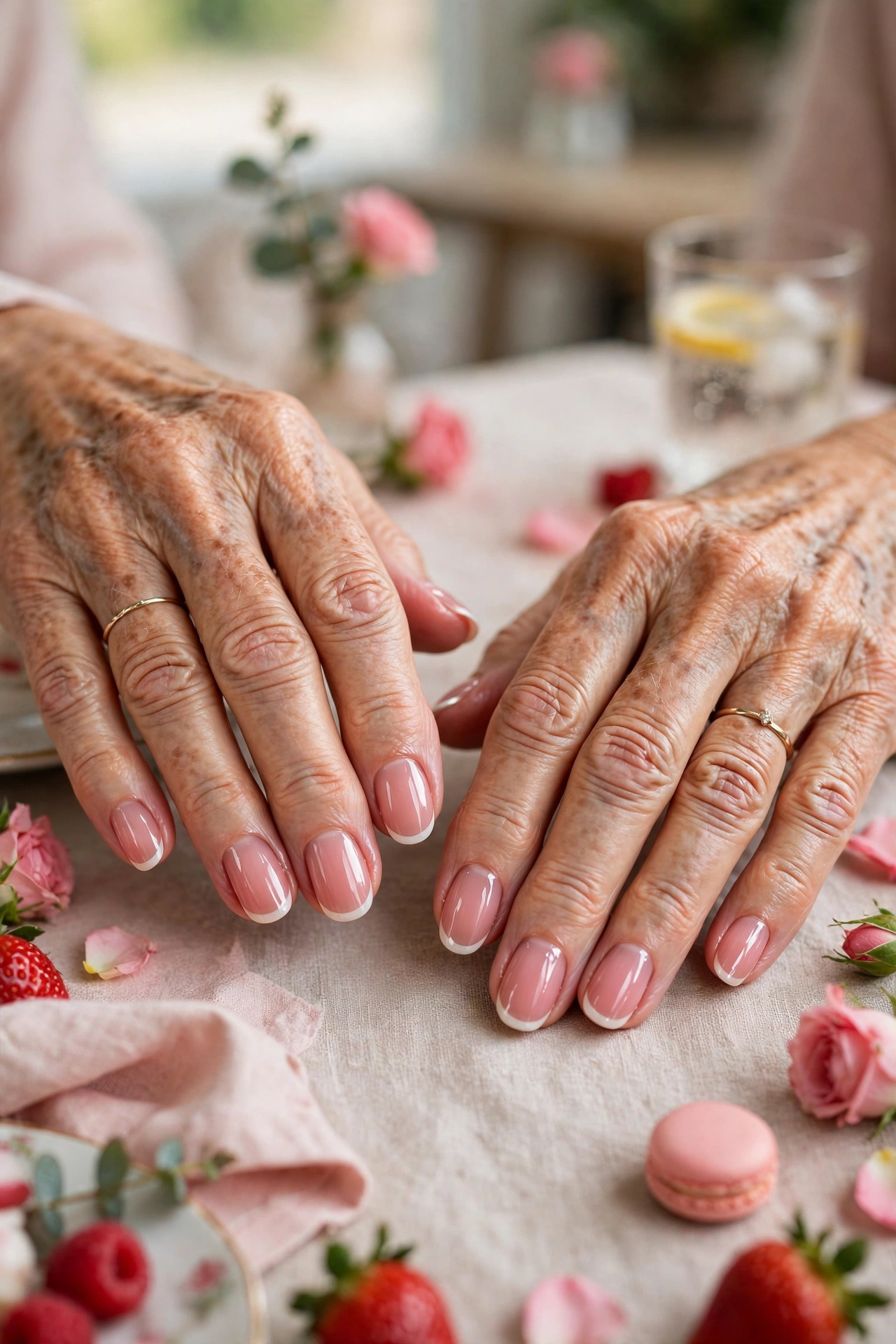 Rose Pink Pink Lip Gloss Nails in Oval Shape with a Classic French Tip