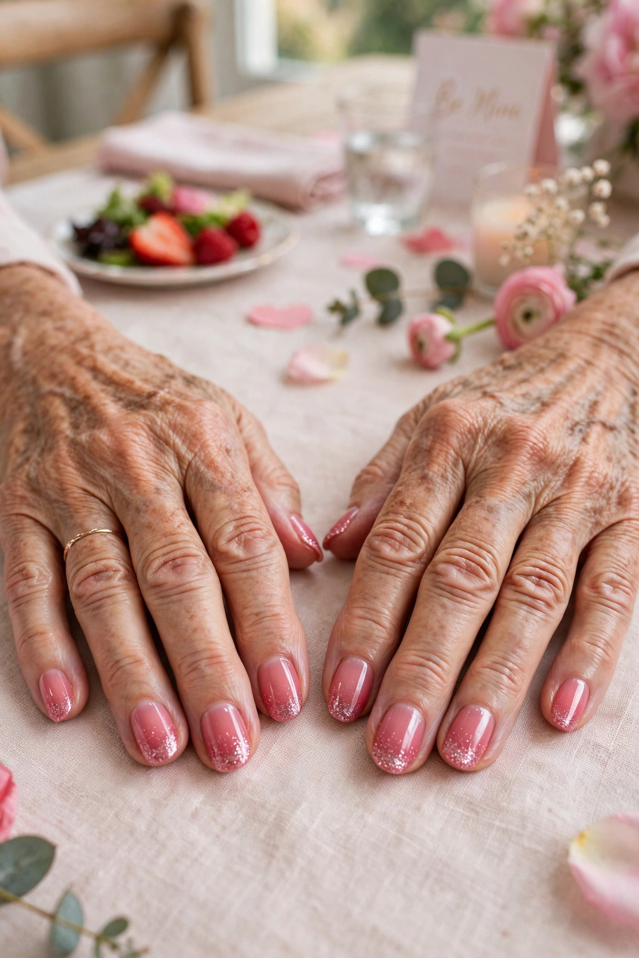 Rose Pink Pink Lip Gloss Nails in Oval Shape with a Glitter Fade Tip