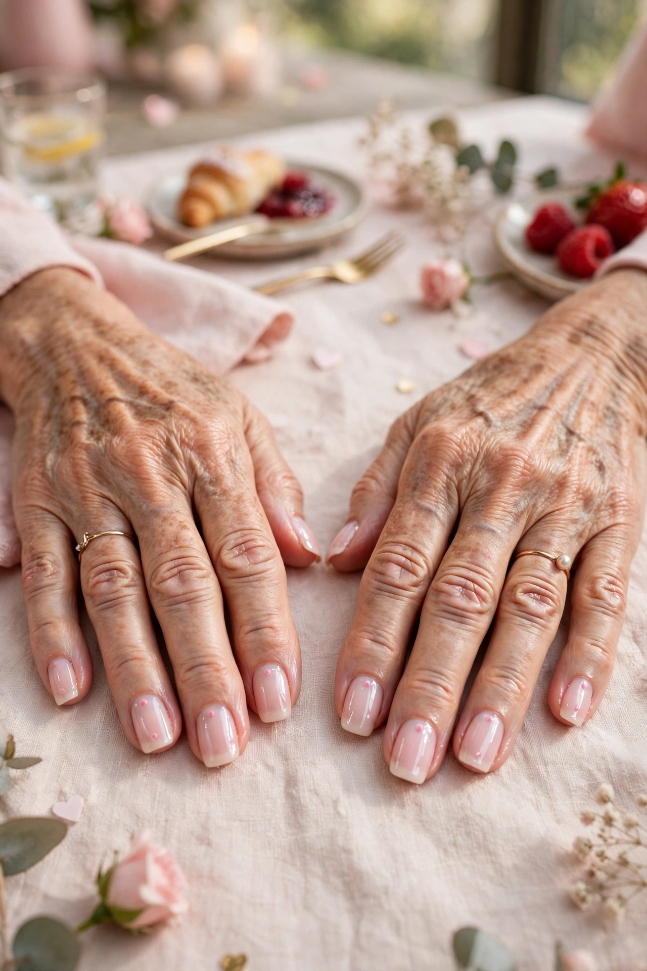Pale Pink Pink Lip Gloss Nails in Squoval Shape with a Minimal Dot Detail