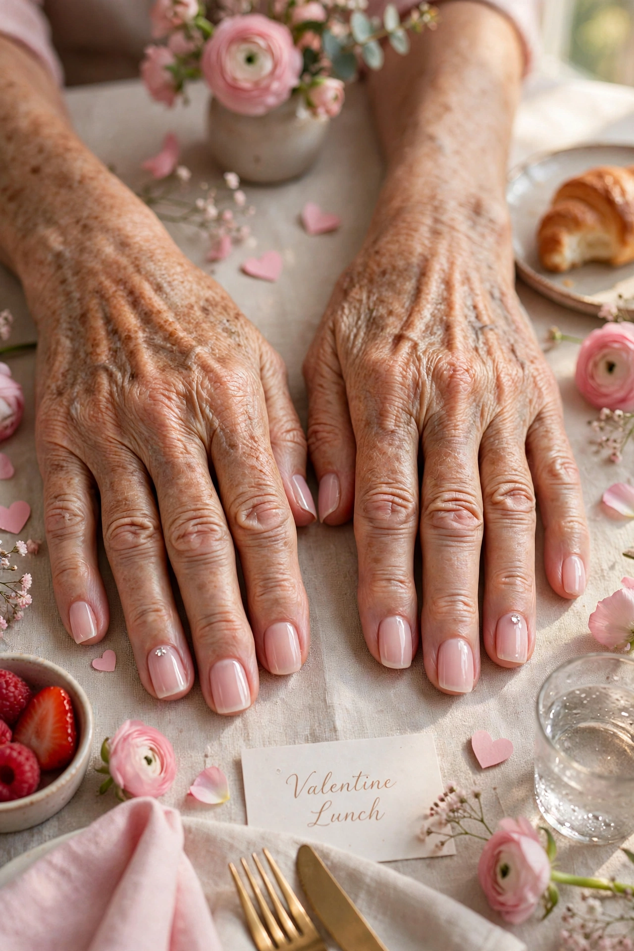 Pale Pink Pink Lip Gloss Nails in Short Square Shape with a Tiny Crystal on the Ring Finger