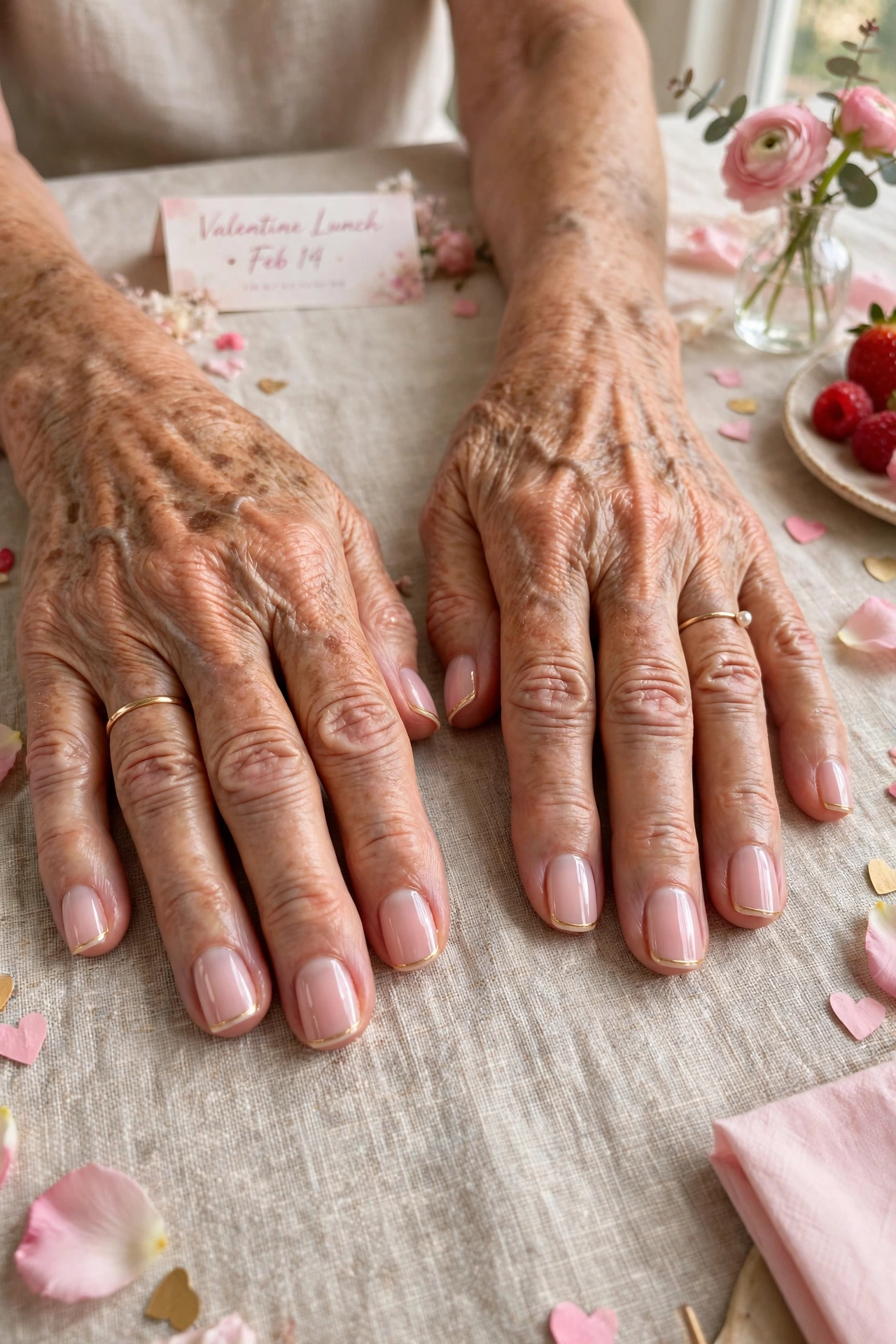 Pale Pink Pink Lip Gloss Nails in Short Square Shape with a Thin Gold Line