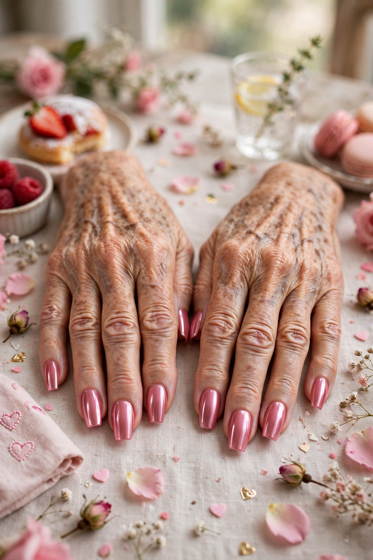 Rose Pink Pink Lip Gloss Nails in Coffin Shape with a Chrome Shine