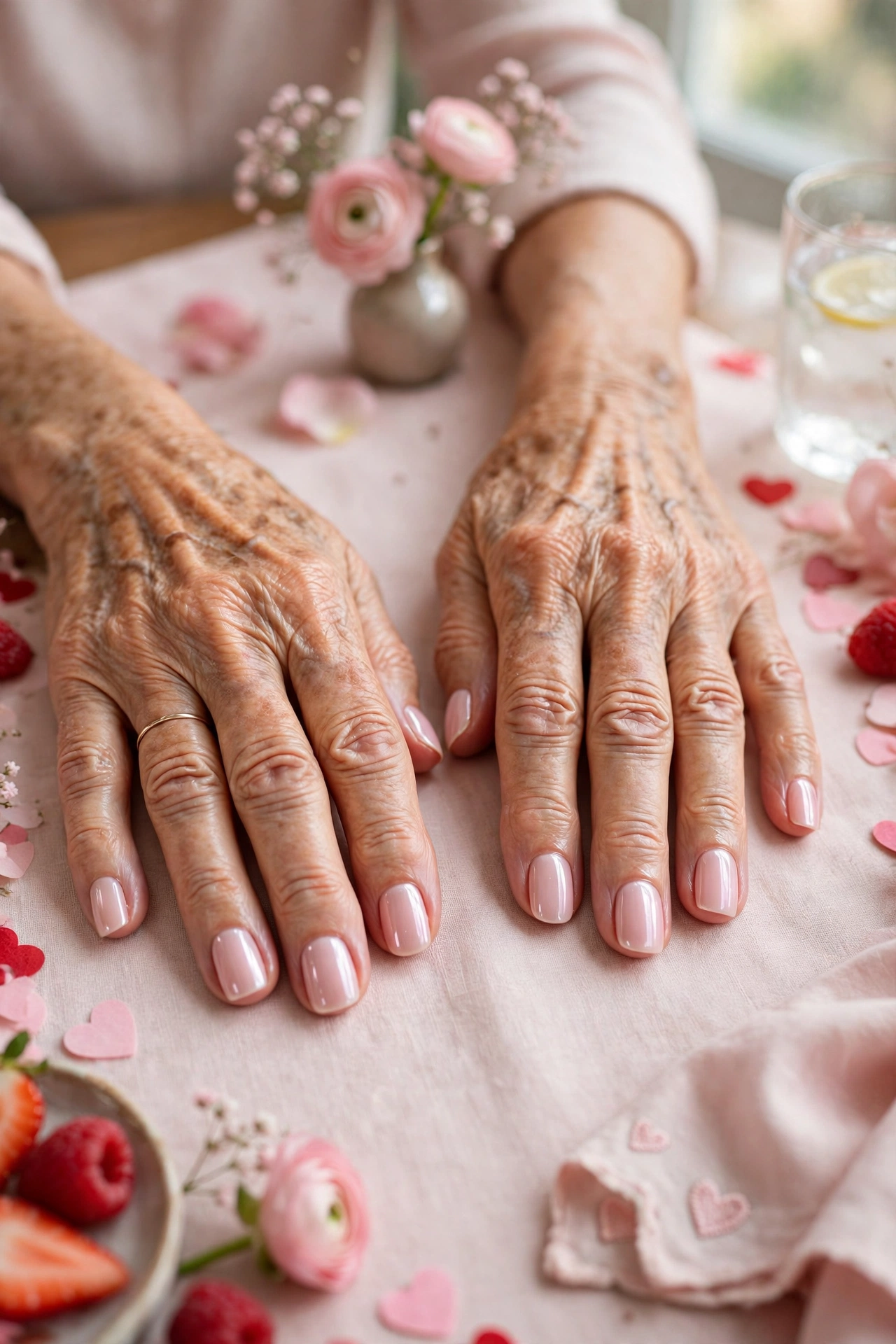 Pale Pink Pink Lip Gloss Nails in Squoval Shape with a Pearl Finish