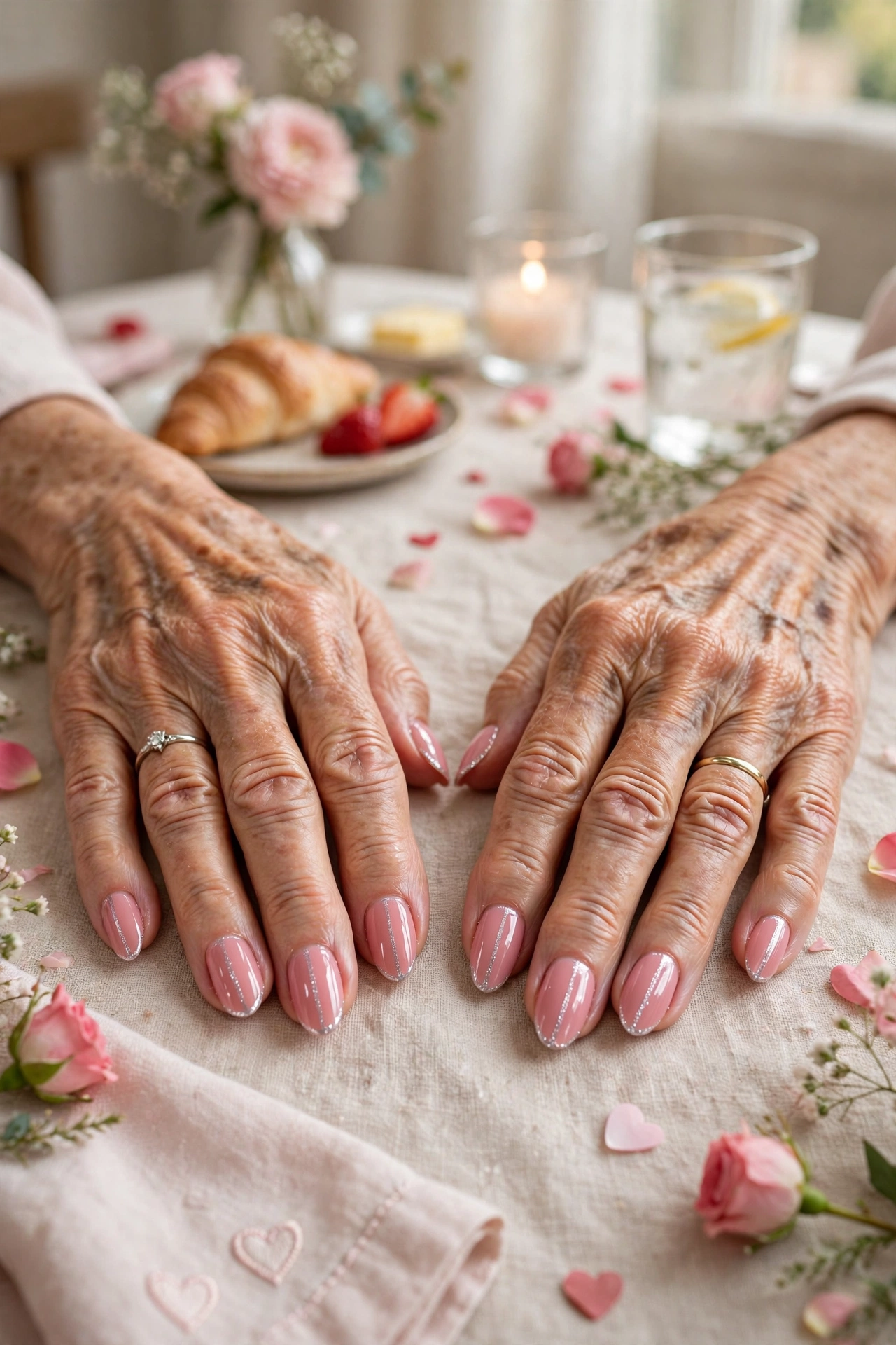 Soft Pink Pink Lip Gloss Nails in Almond Shape with a Silver Shimmer Line