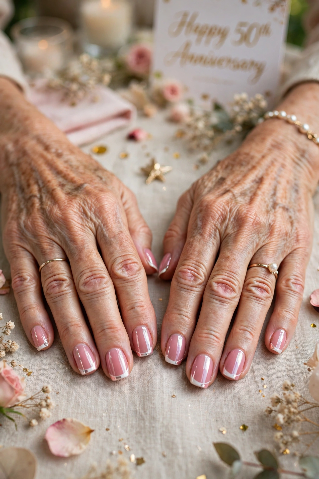 Soft Pink Pink Lip Gloss Nails with White Accents in Squoval Shape with a Chrome Shine