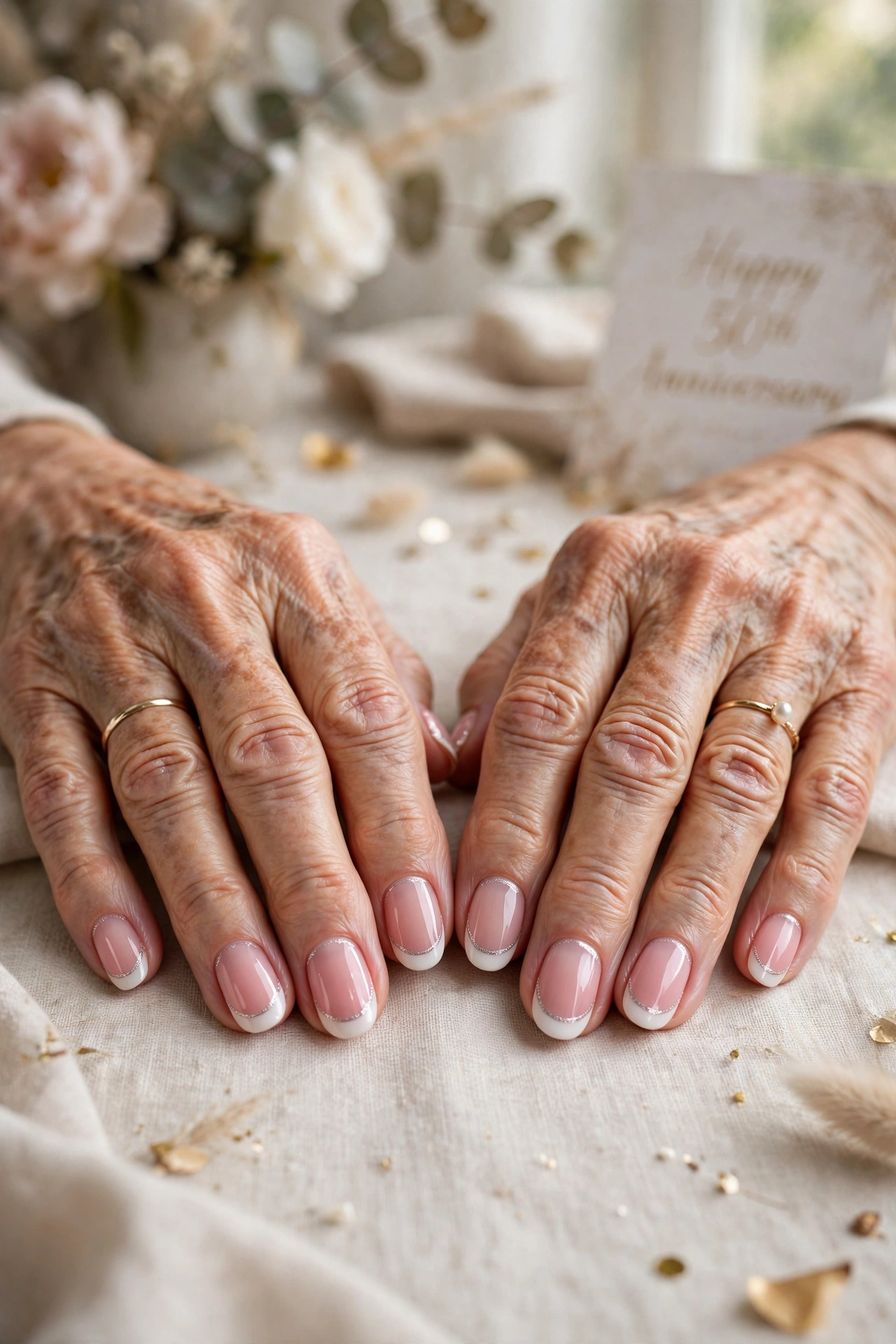 Pale Pink Pink Lip Gloss Nails with White Accents in Oval Shape with a Silver Shimmer Line