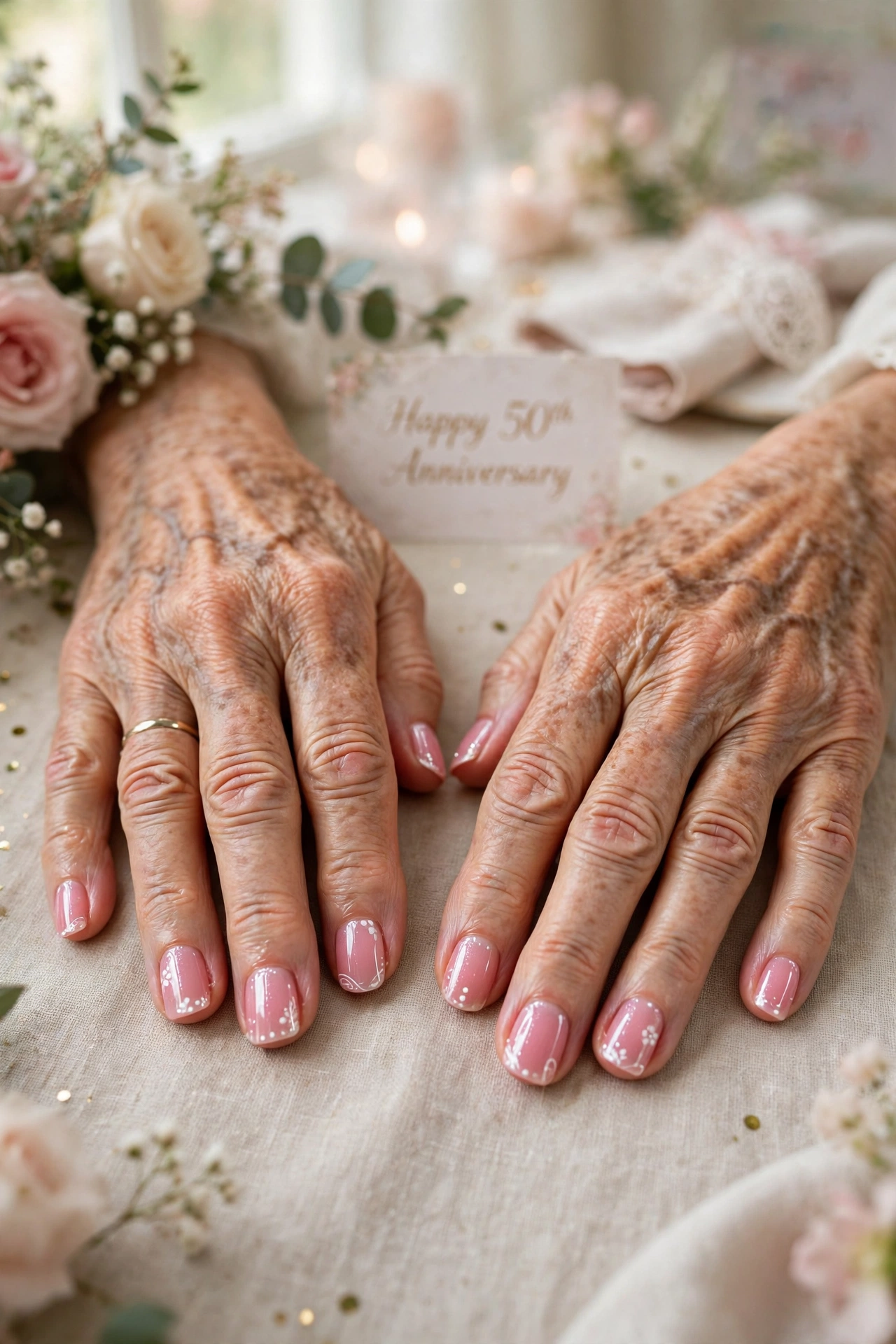 Soft Pink Pink Lip Gloss Nails with White Accents in Short Square Shape with a Sheer Shimmer Layer