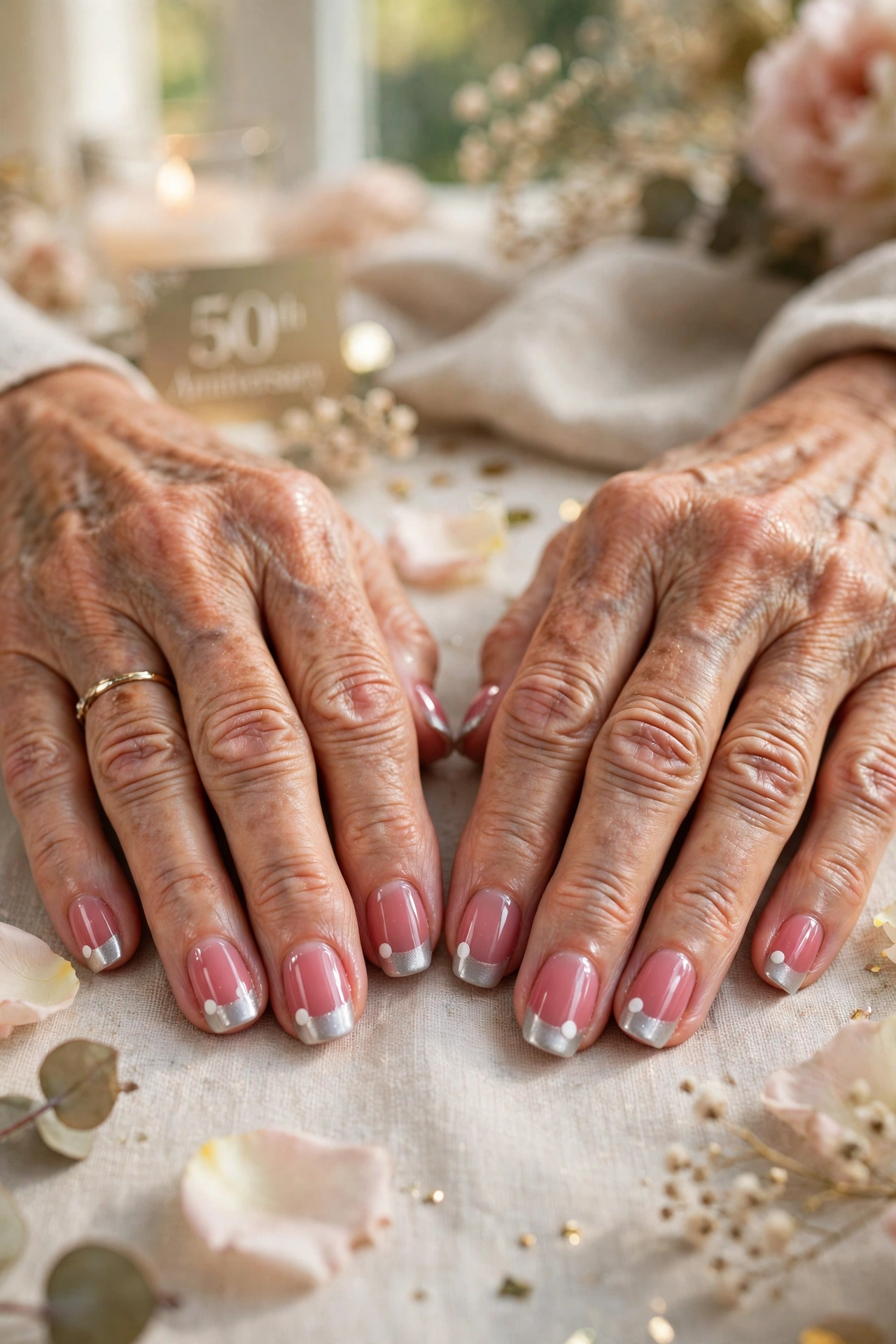 Rose Pink Pink Lip Gloss Nails with White Accents in Round Shape with a Frosted Chrome Tip