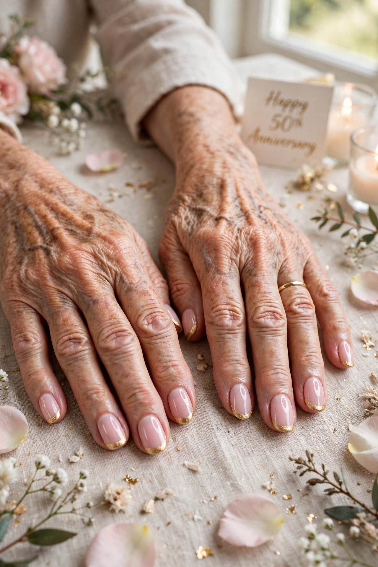Pale Pink Pink Lip Gloss Nails with White Accents in Oval Shape with a Gold Foil Tip