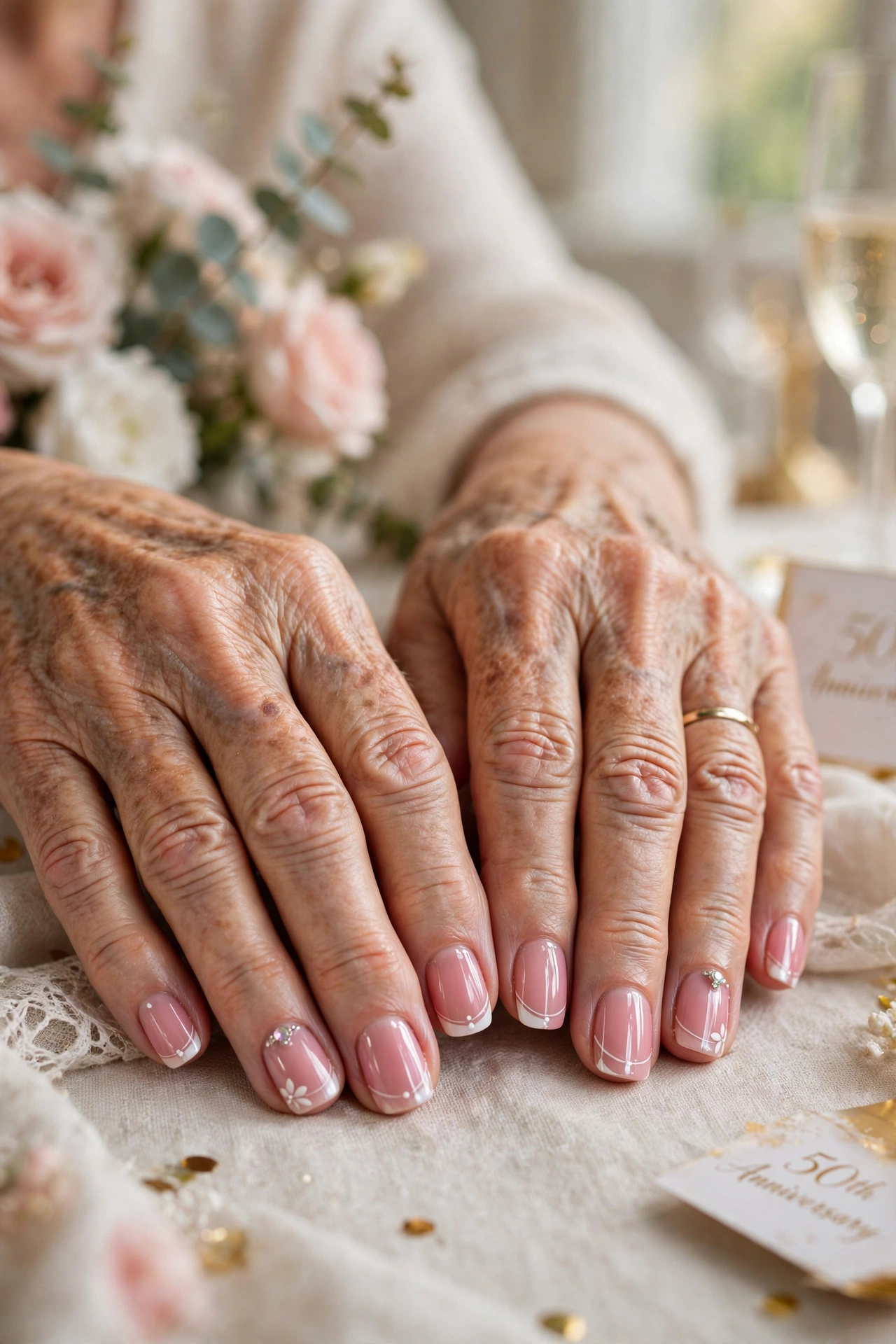 Soft Pink Pink Lip Gloss Nails with White Accents in Short Square Shape with a Jewel Accent on One Nail