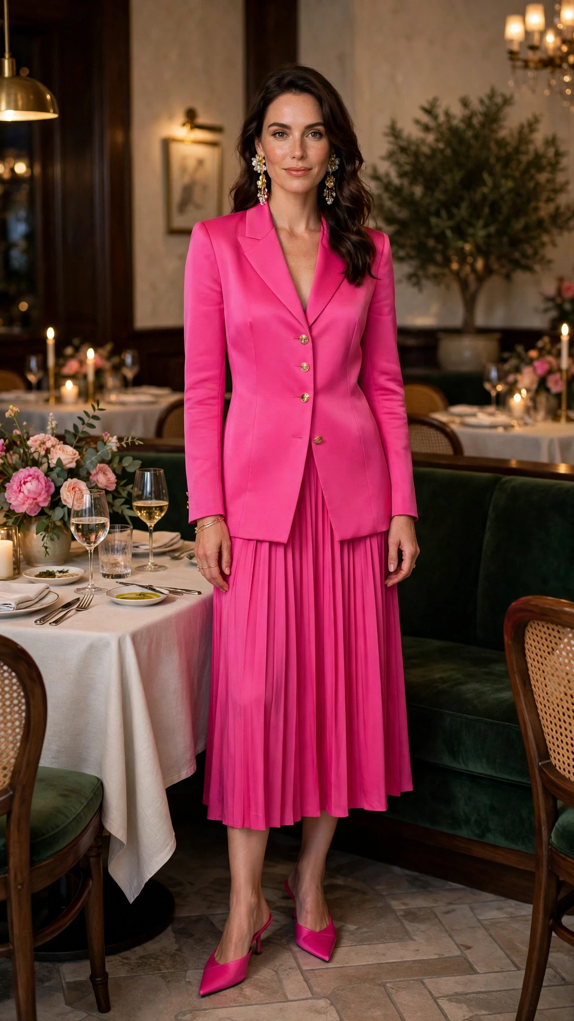 Hot pink midi skirt outfit with pointed mules and statement earrings