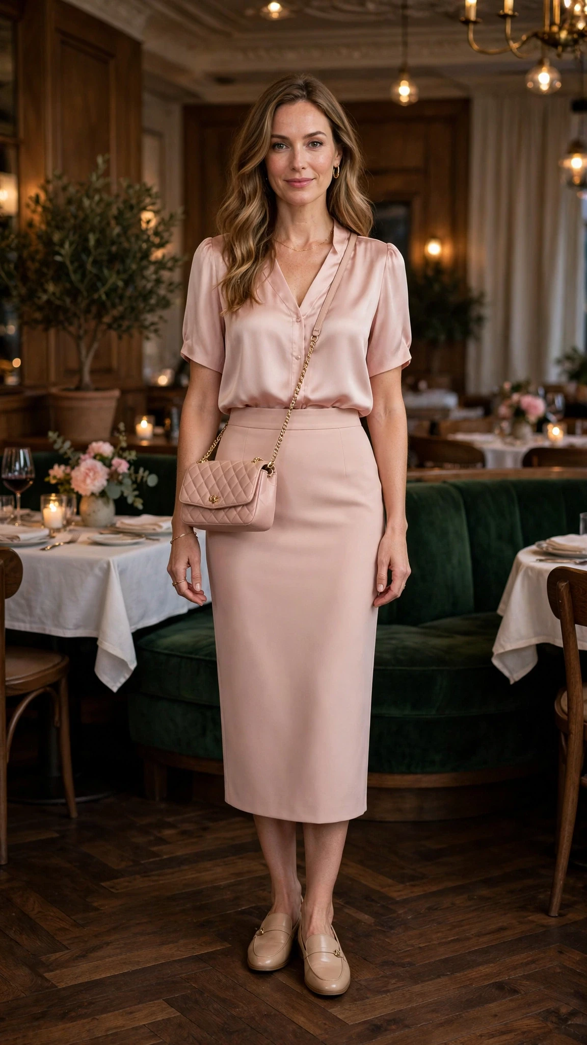 Blush pink pencil skirt outfit with smart loafers and a chic crossbody bag