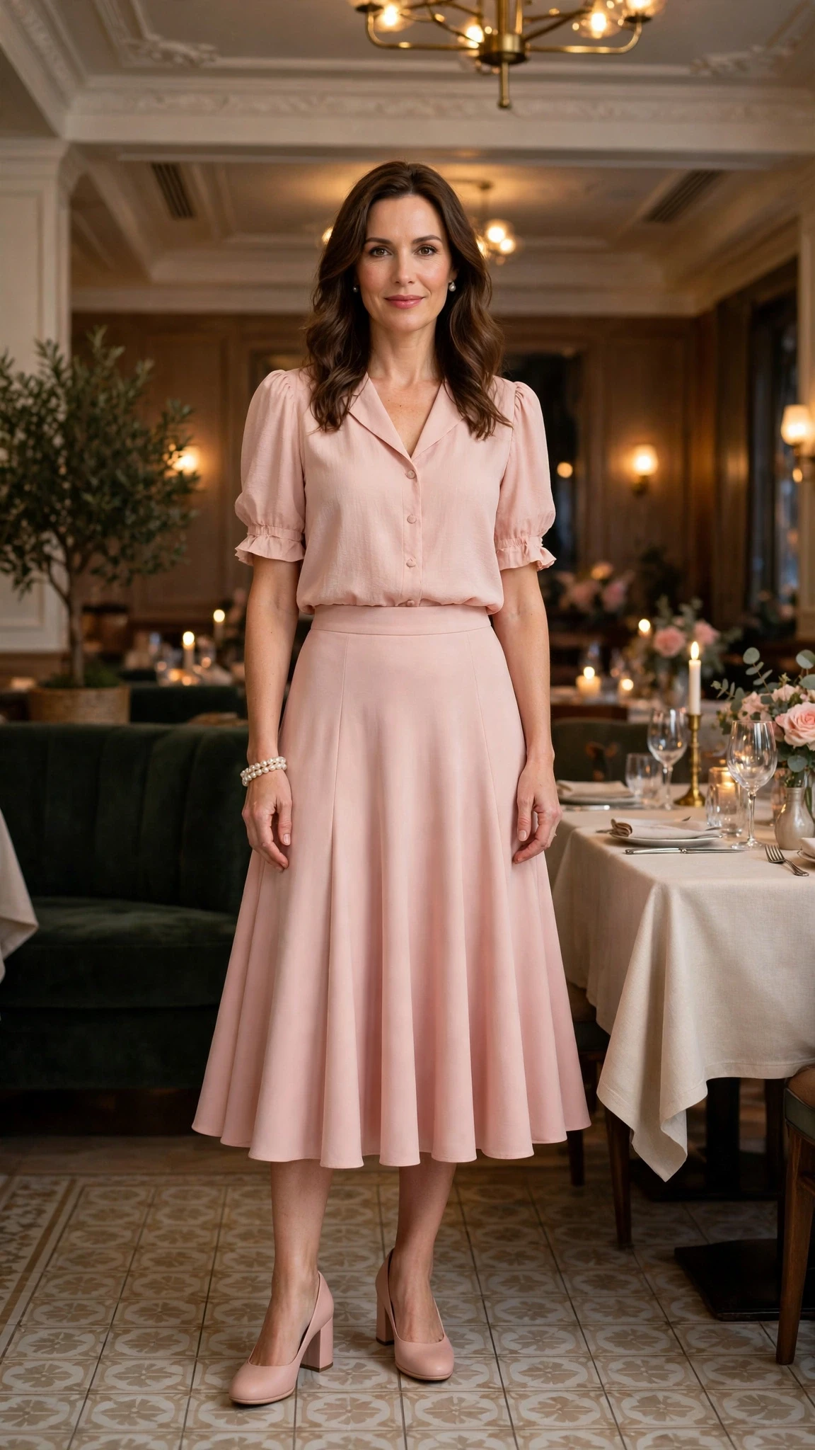 Blush pink flared skirt outfit with comfortable block heels and a pearl bracelet