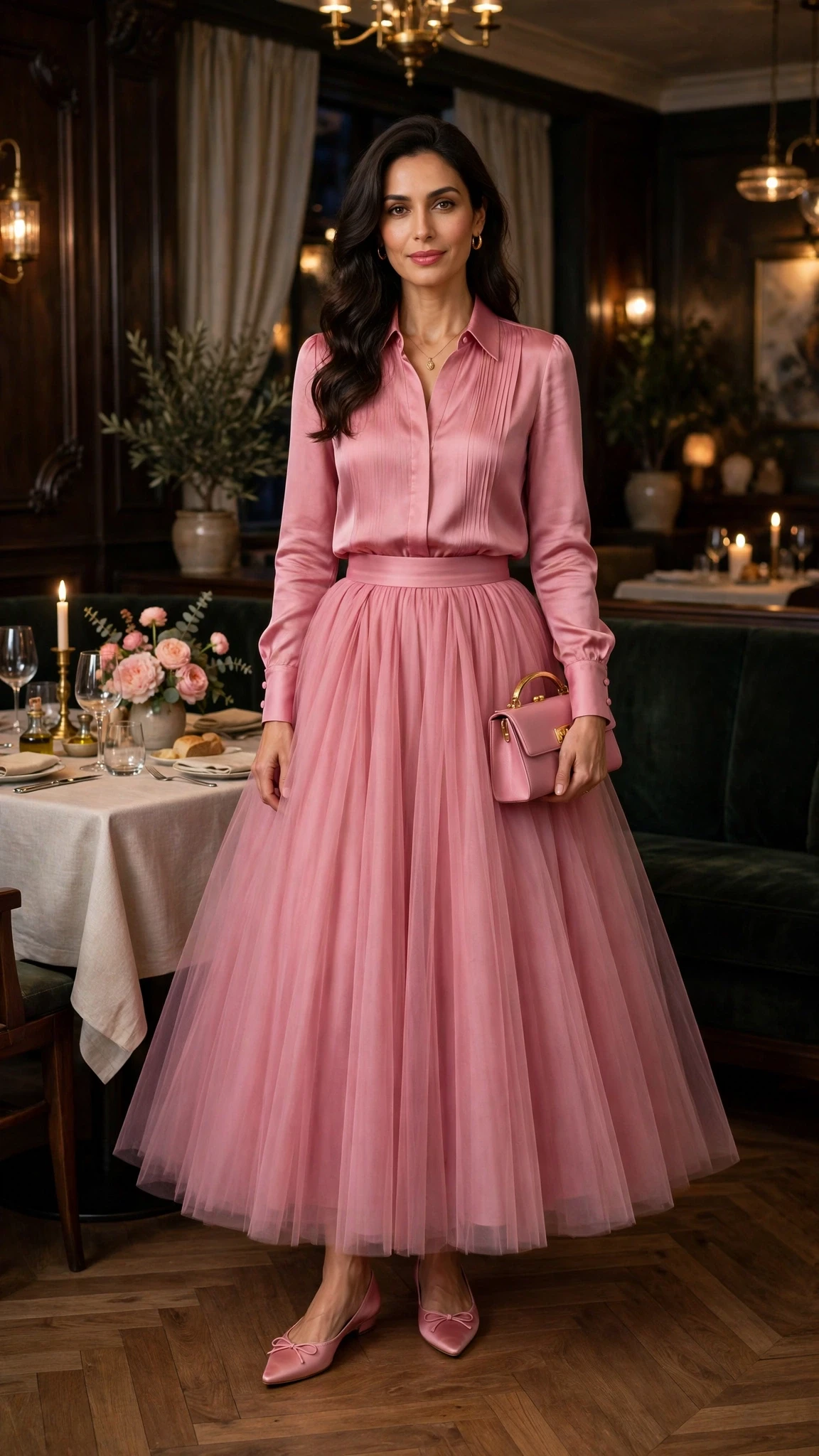 Rose pink full skirt outfit with elegant pointed flats and a small structured clutch