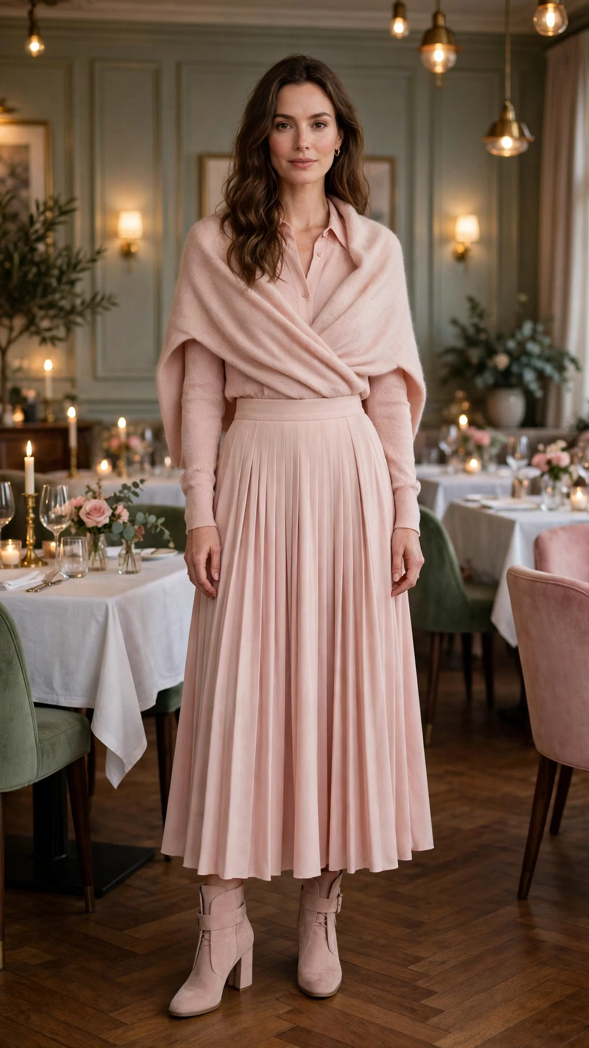 Blush pink full skirt outfit with block-heel ankle boots and a cashmere wrap