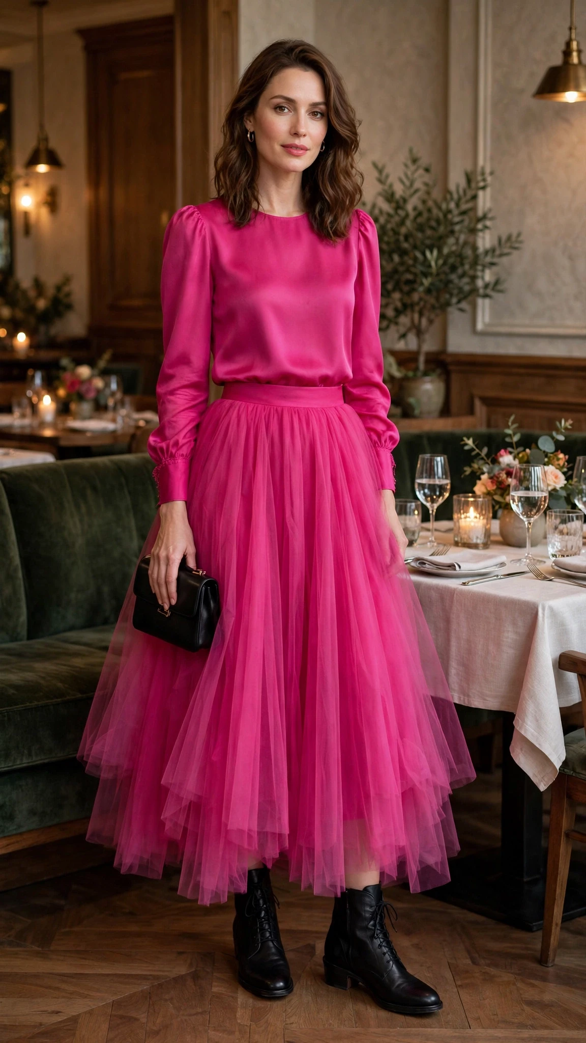 Fuchsia pink tulle skirt outfit with leather ankle boots and a small structured clutch