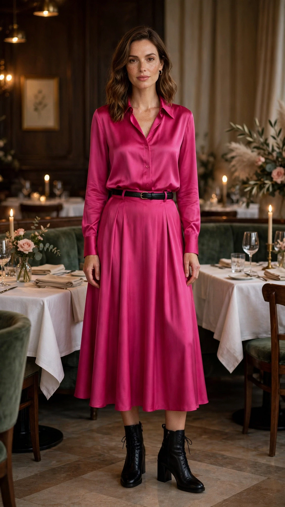 Fuchsia pink satin skirt outfit with block-heel ankle boots and a slim leather belt