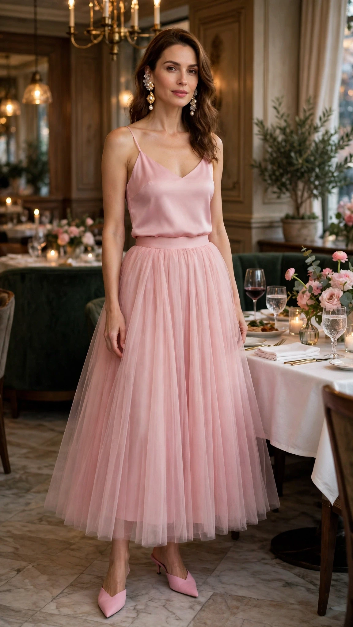 Soft pink tulle skirt outfit with pointed mules and statement earrings