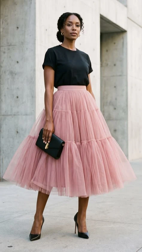 Dusty pink flared skirt outfit with black pointed heels and statement earrings