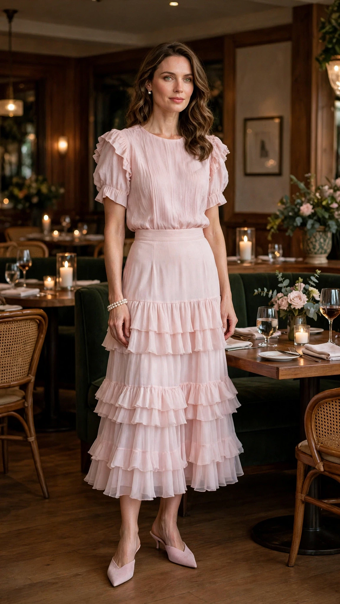 Pale pink tiered skirt outfit with pointed mules and a pearl bracelet