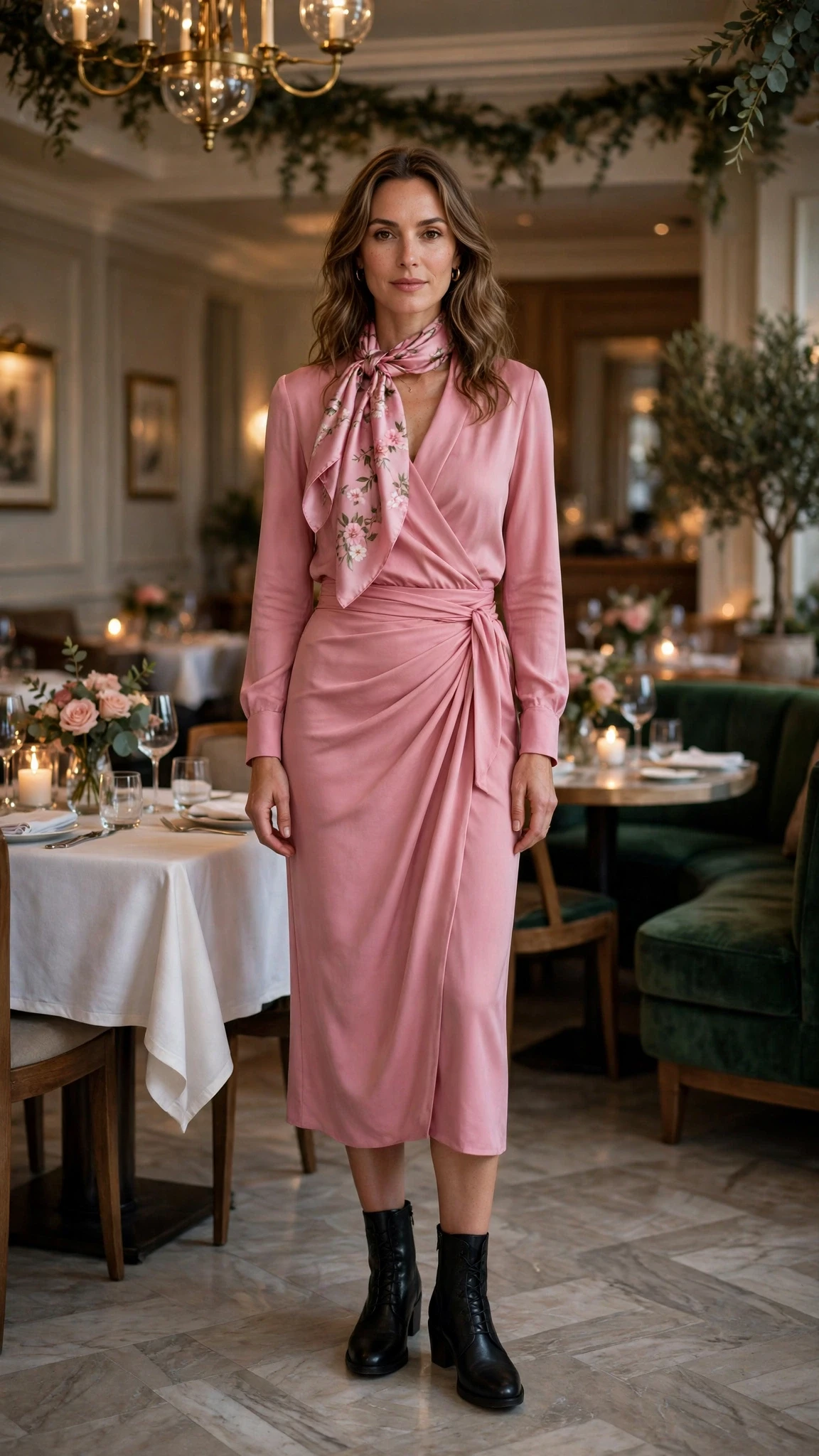 Rose pink wrap skirt outfit with leather ankle boots and a silk scarf