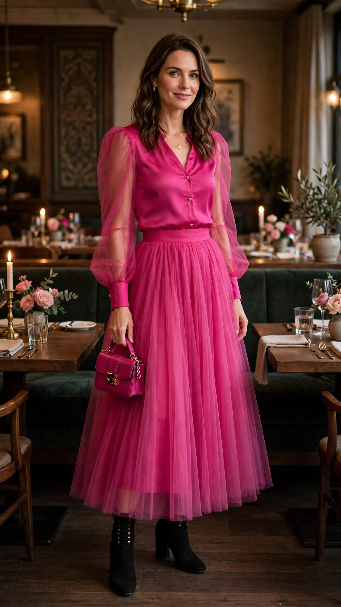 Fuchsia pink tulle skirt outfit with block-heel ankle boots and a small structured clutch