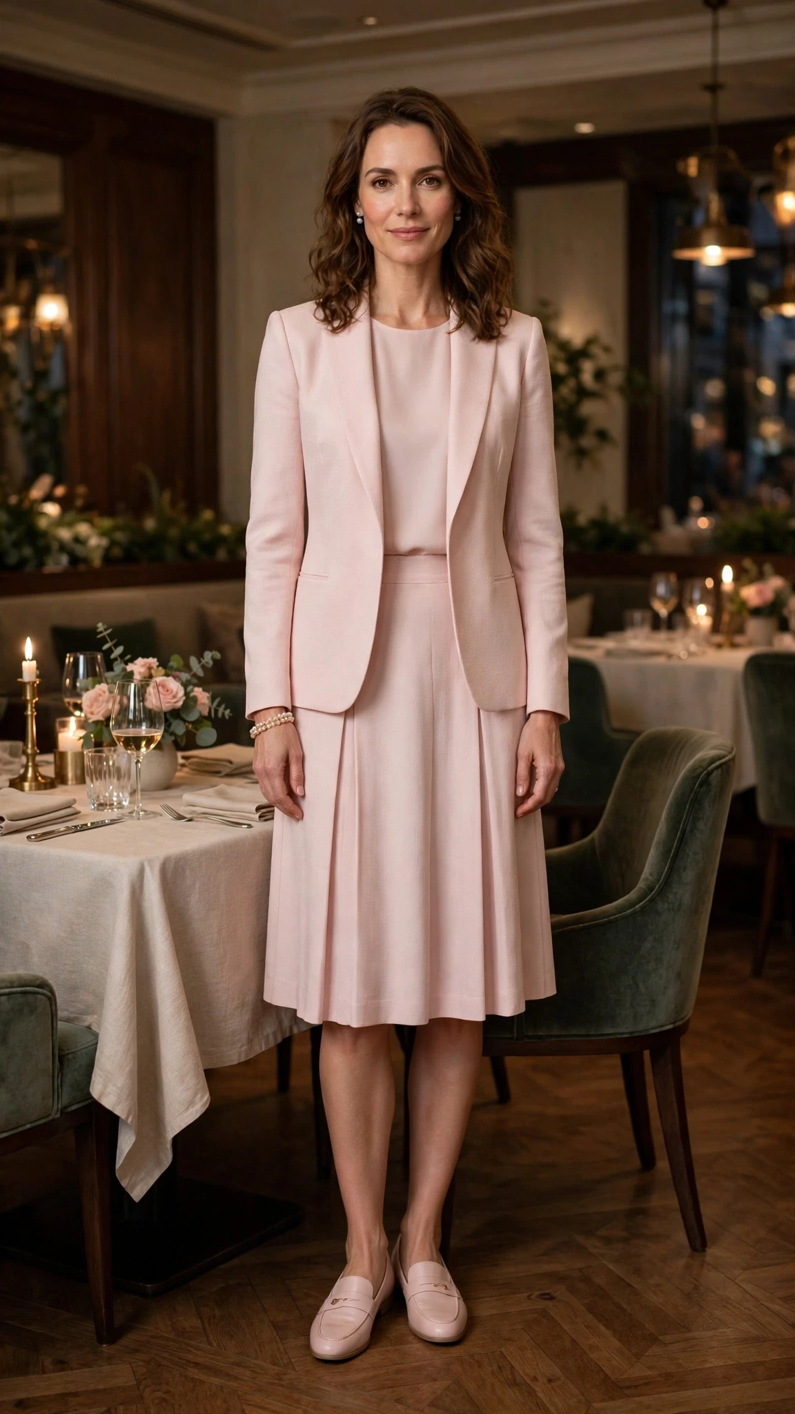 Pale pink knee-length skirt outfit with smart loafers and a pearl bracelet
