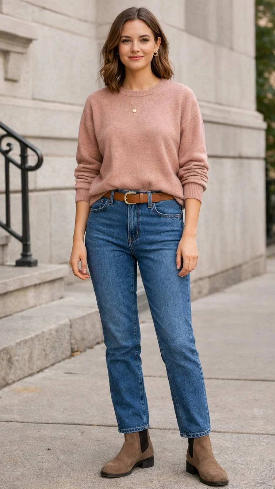 Dusty pink sweater and jeans outfit with leather ankle boots and a delicate gold necklace