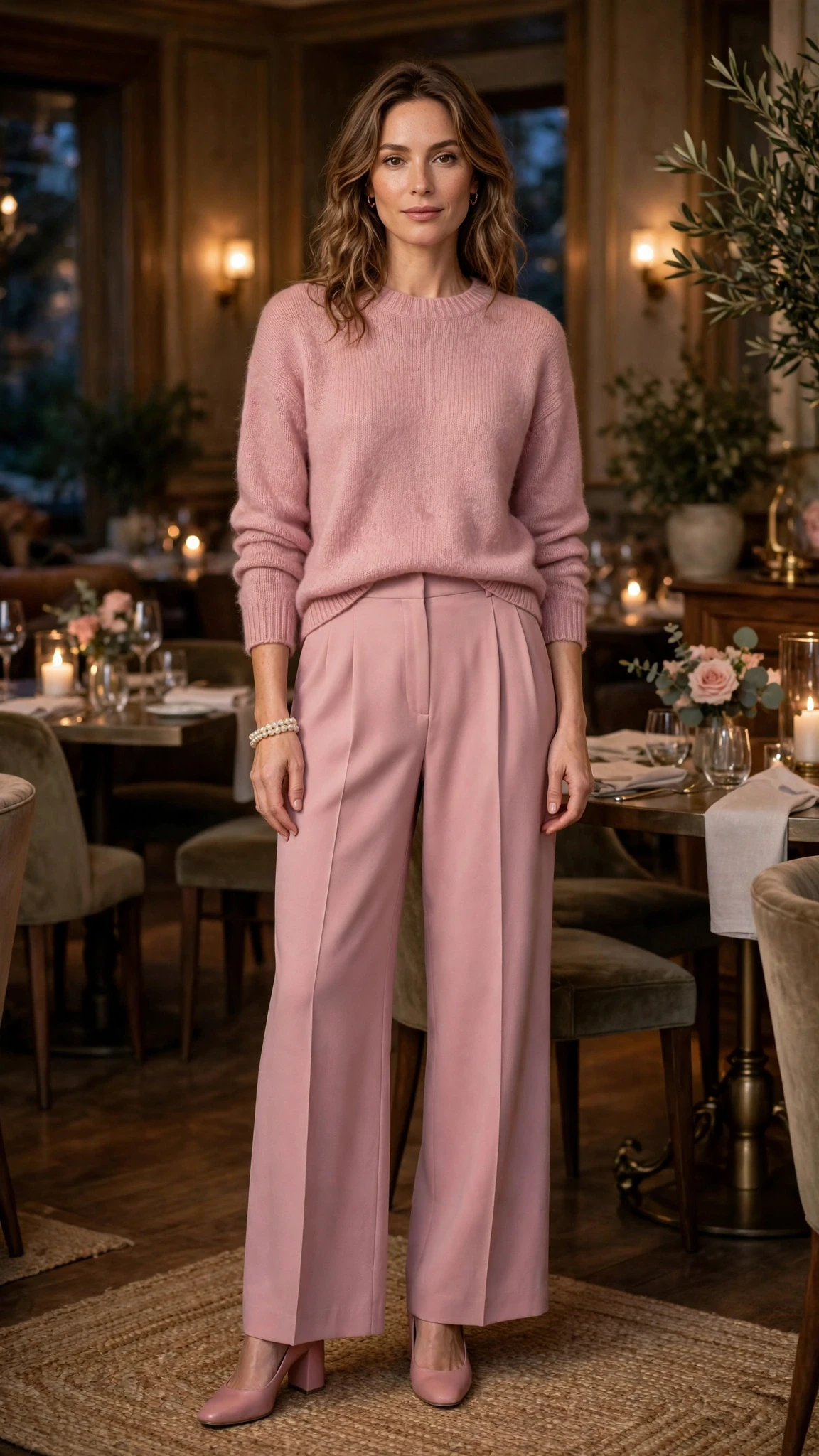 Dusty pink sweater and wide-leg trouser outfit with comfortable block heels and a pearl bracelet