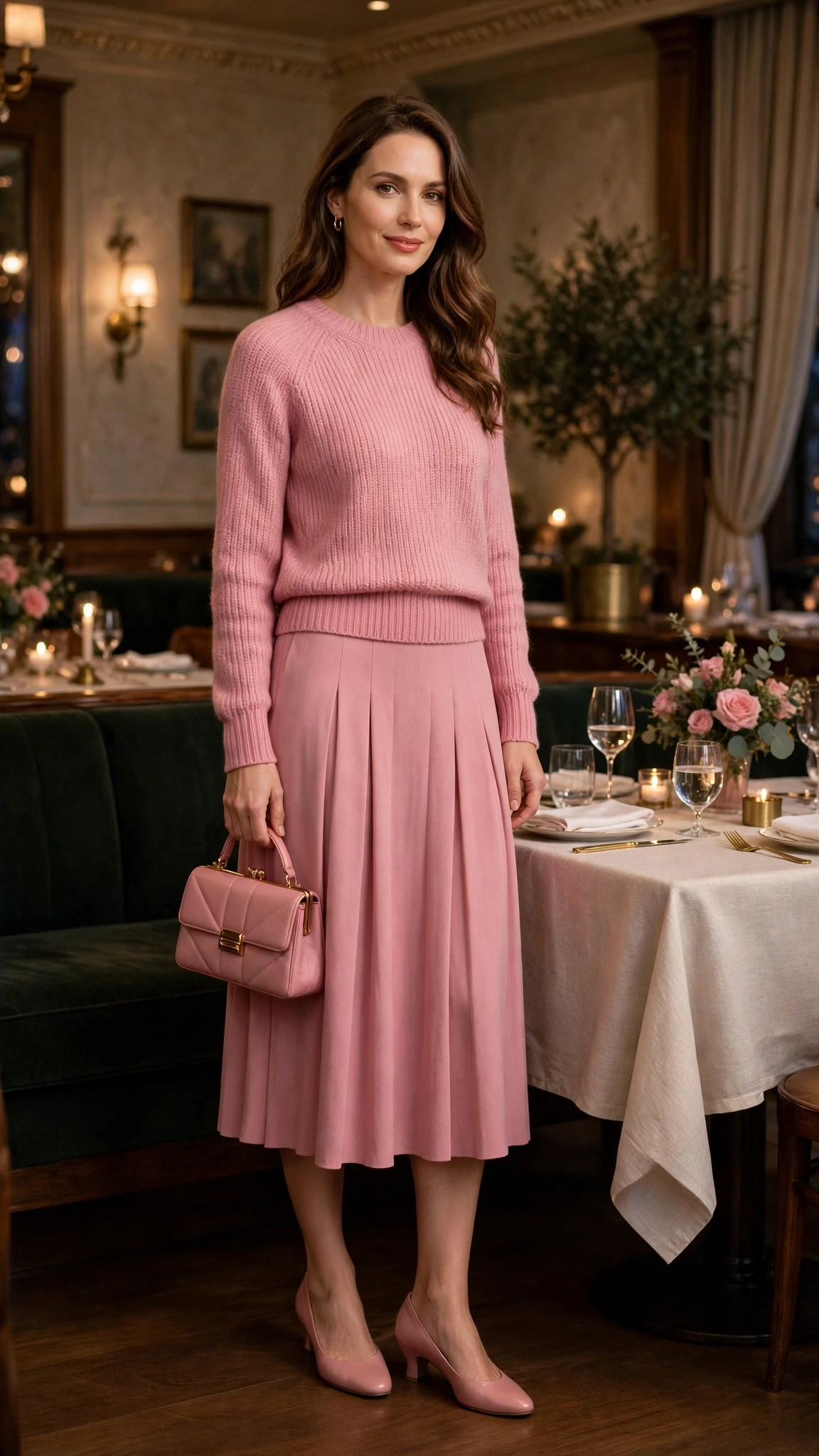Rose pink sweater and skirt outfit with low-heeled pumps and a small structured clutch