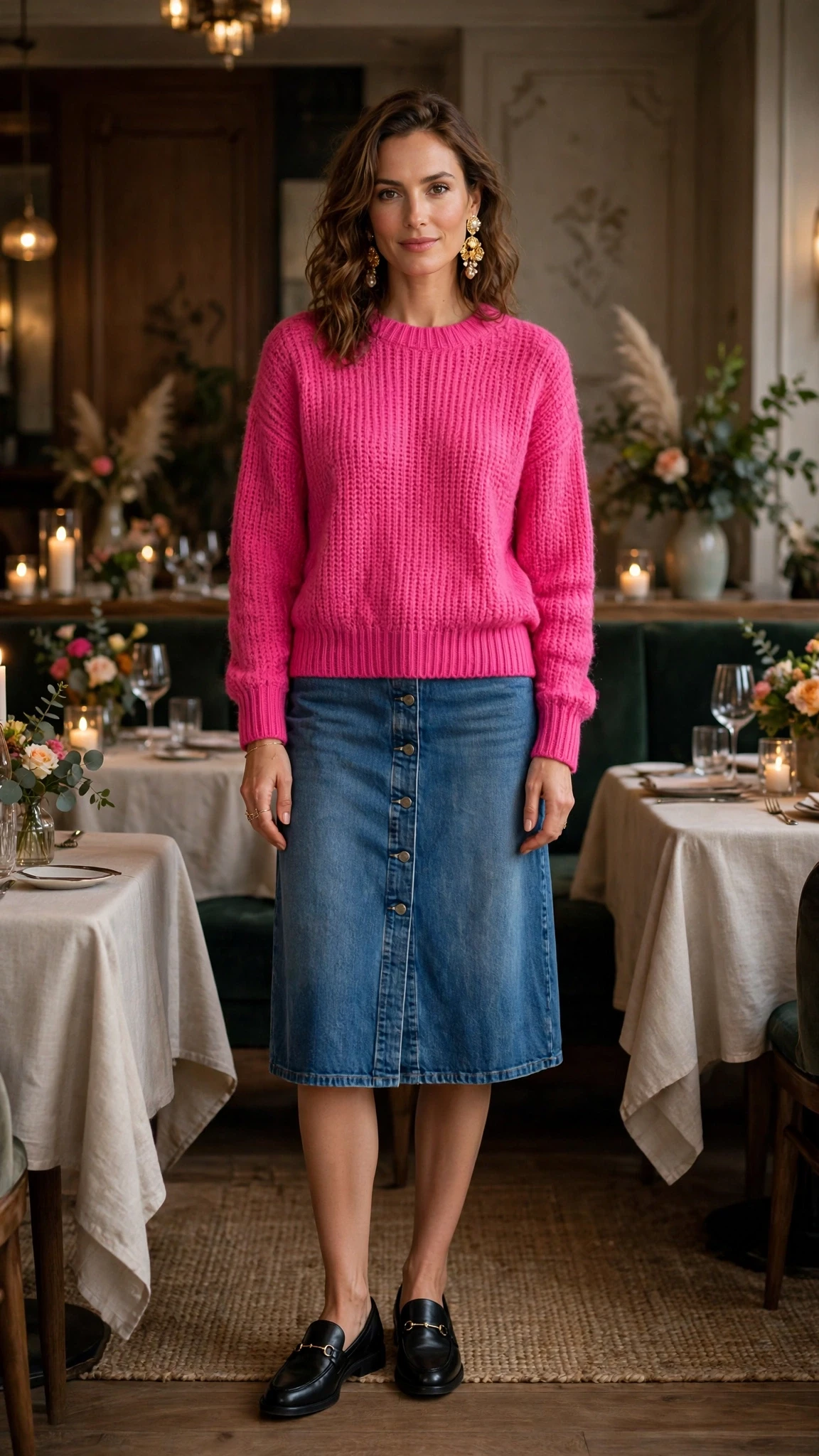 Hot pink sweater and denim skirt outfit with smart loafers and statement earrings