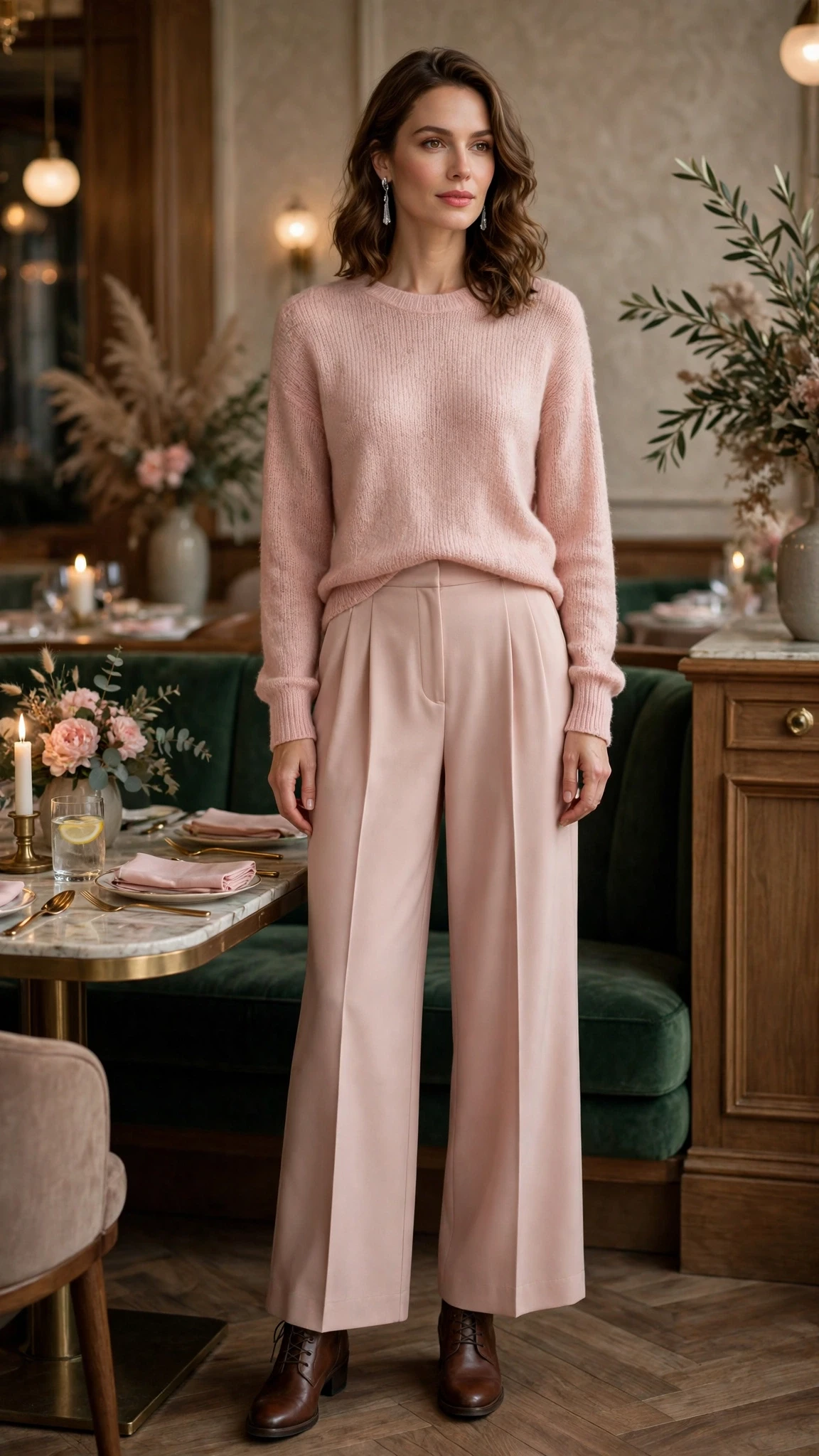 Blush pink sweater and wide-leg trouser outfit with leather ankle boots and silver drop earrings