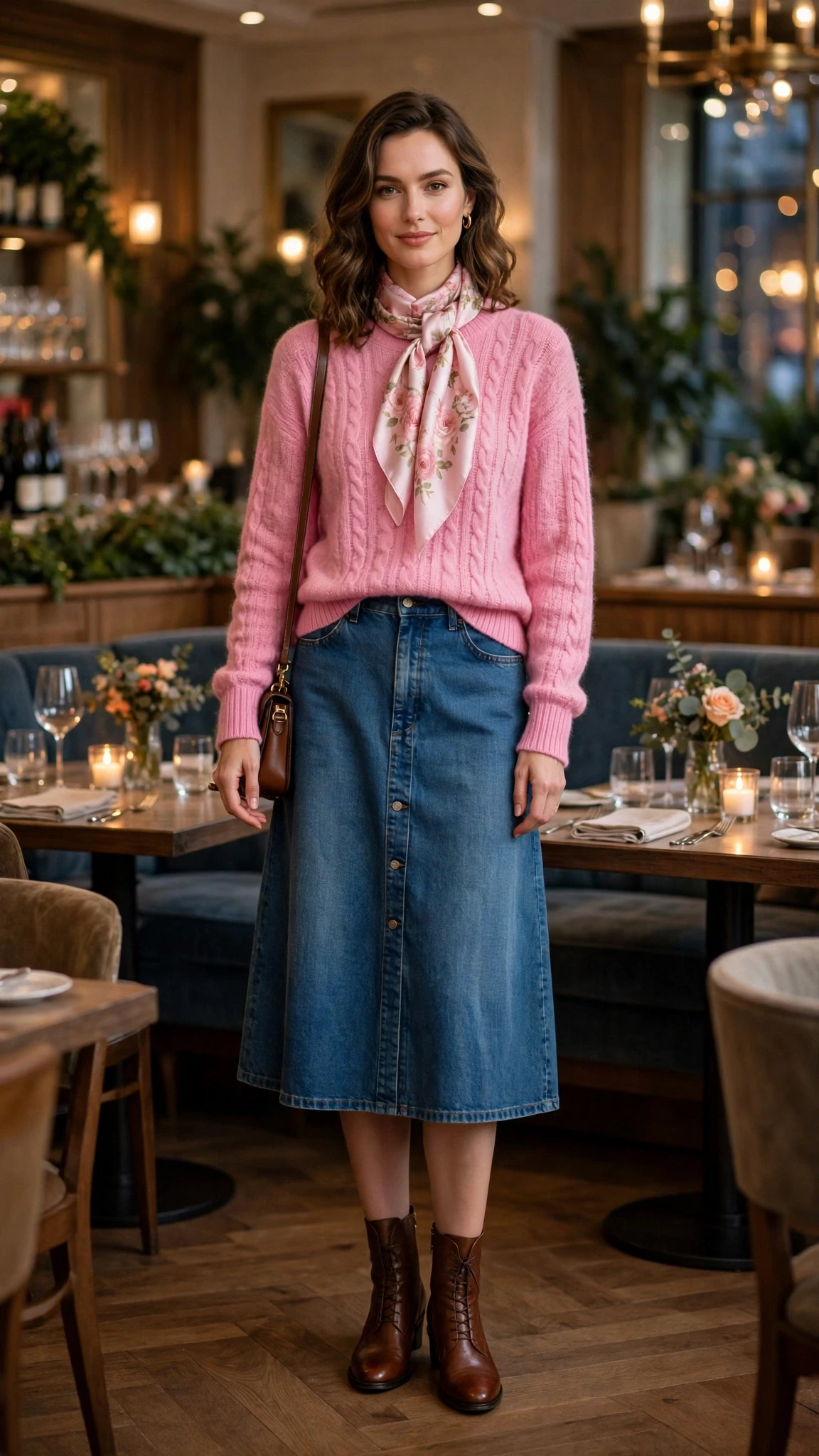 Bubblegum pink sweater and denim skirt outfit with leather ankle boots and a silk scarf
