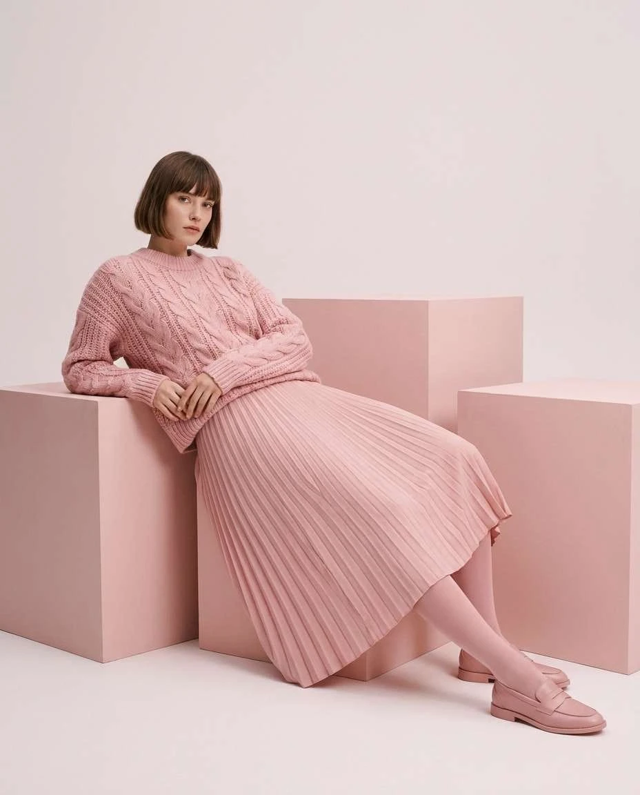 Dusty pink sweater and A-line skirt outfit with smart loafers and statement earrings