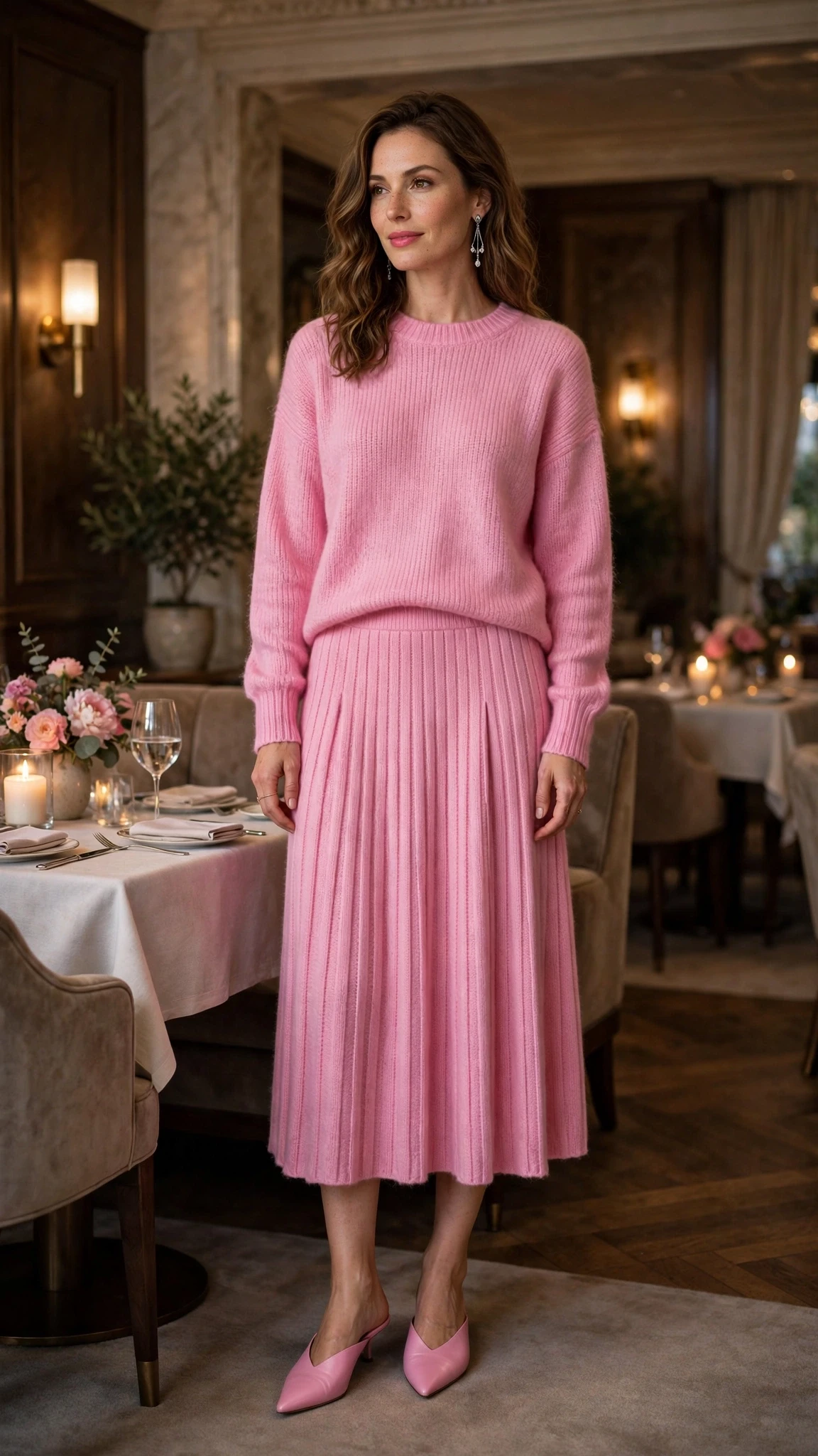 Bubblegum pink sweater and skirt outfit with pointed mules and silver drop earrings