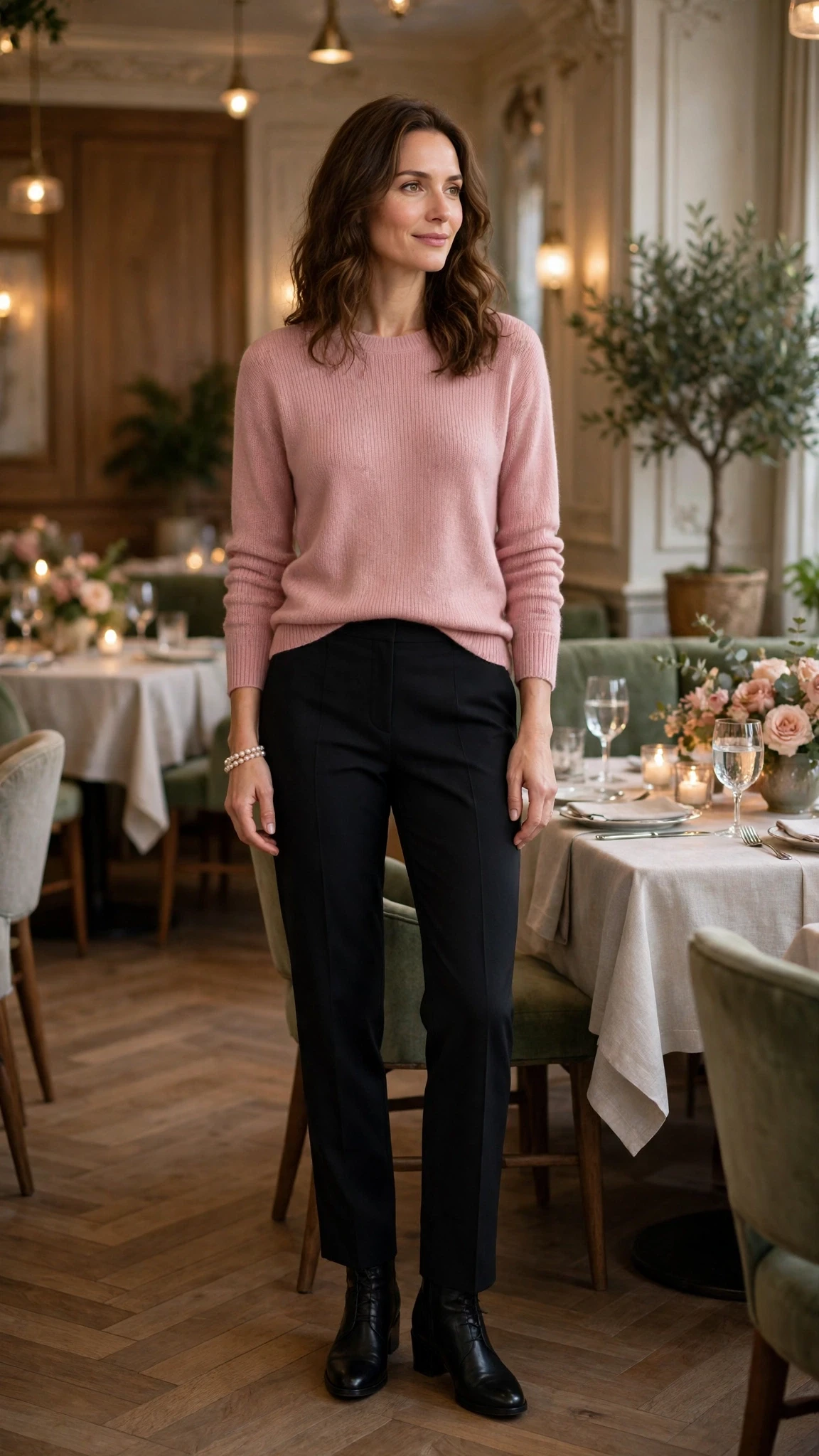Dusty pink fine knit sweater outfit with black trousers, leather ankle boots and a pearl bracelet
