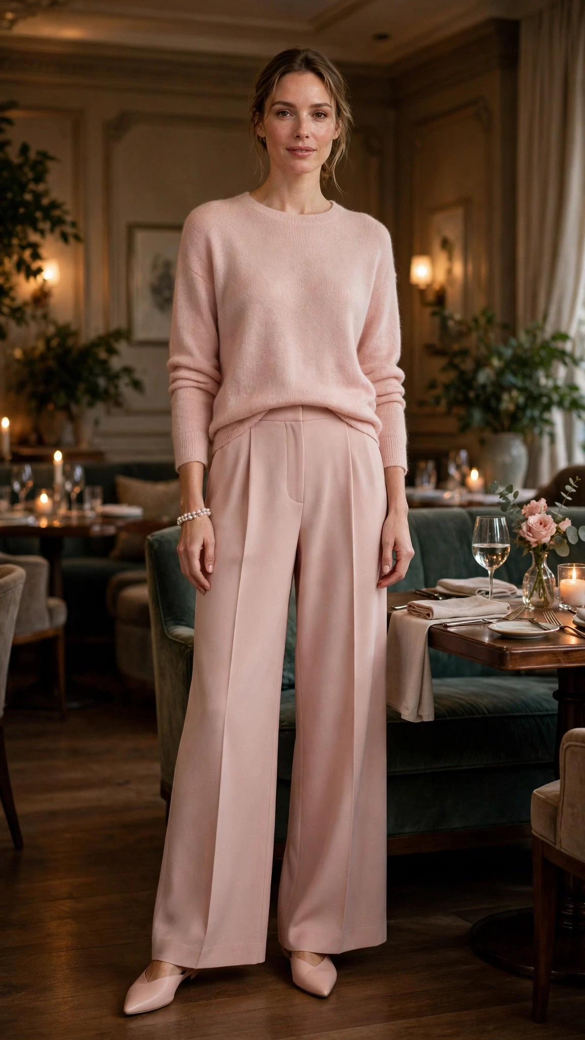 Blush pink sweater and wide-leg trouser outfit with pointed mules and a pearl bracelet