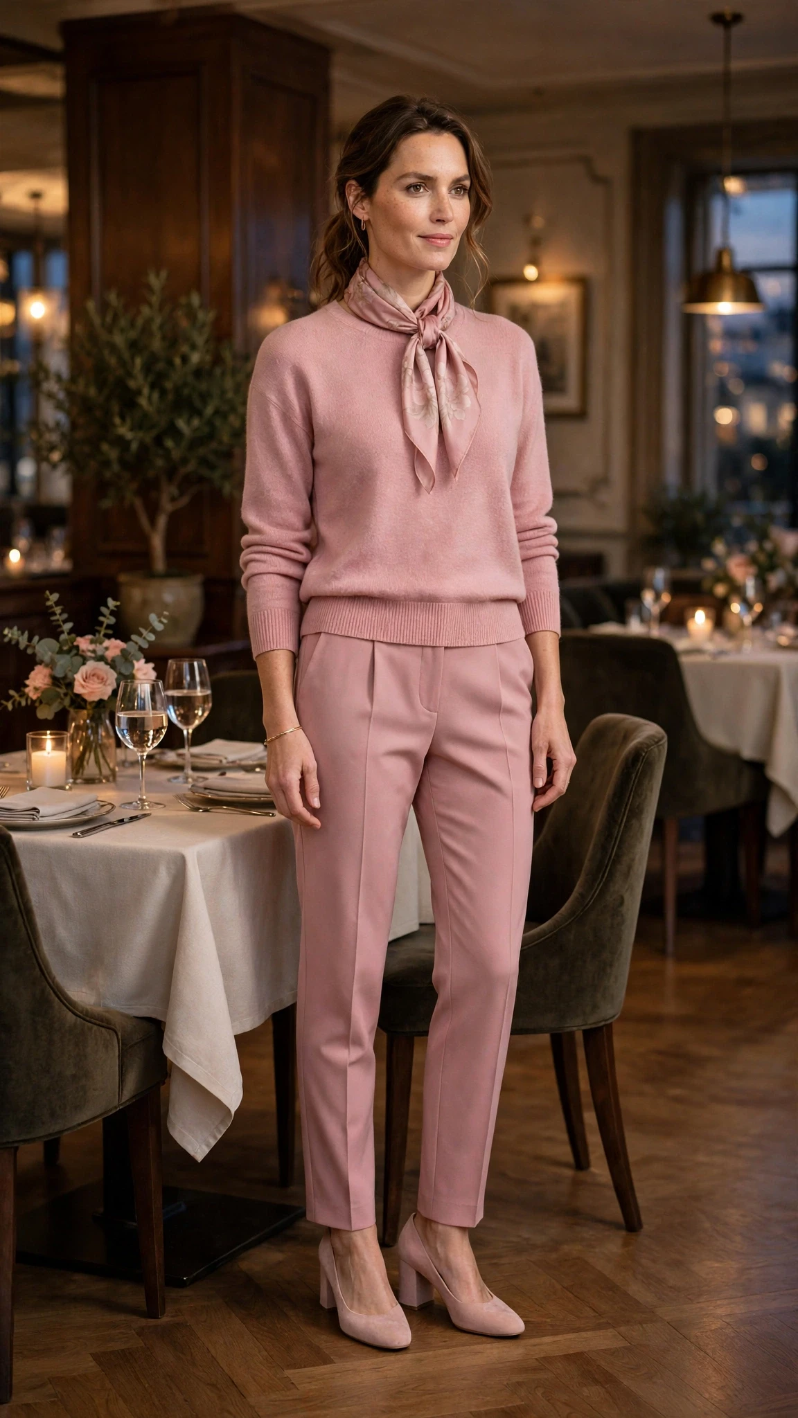 Dusty pink sweater and tailored trouser outfit with comfortable block heels and a silk scarf