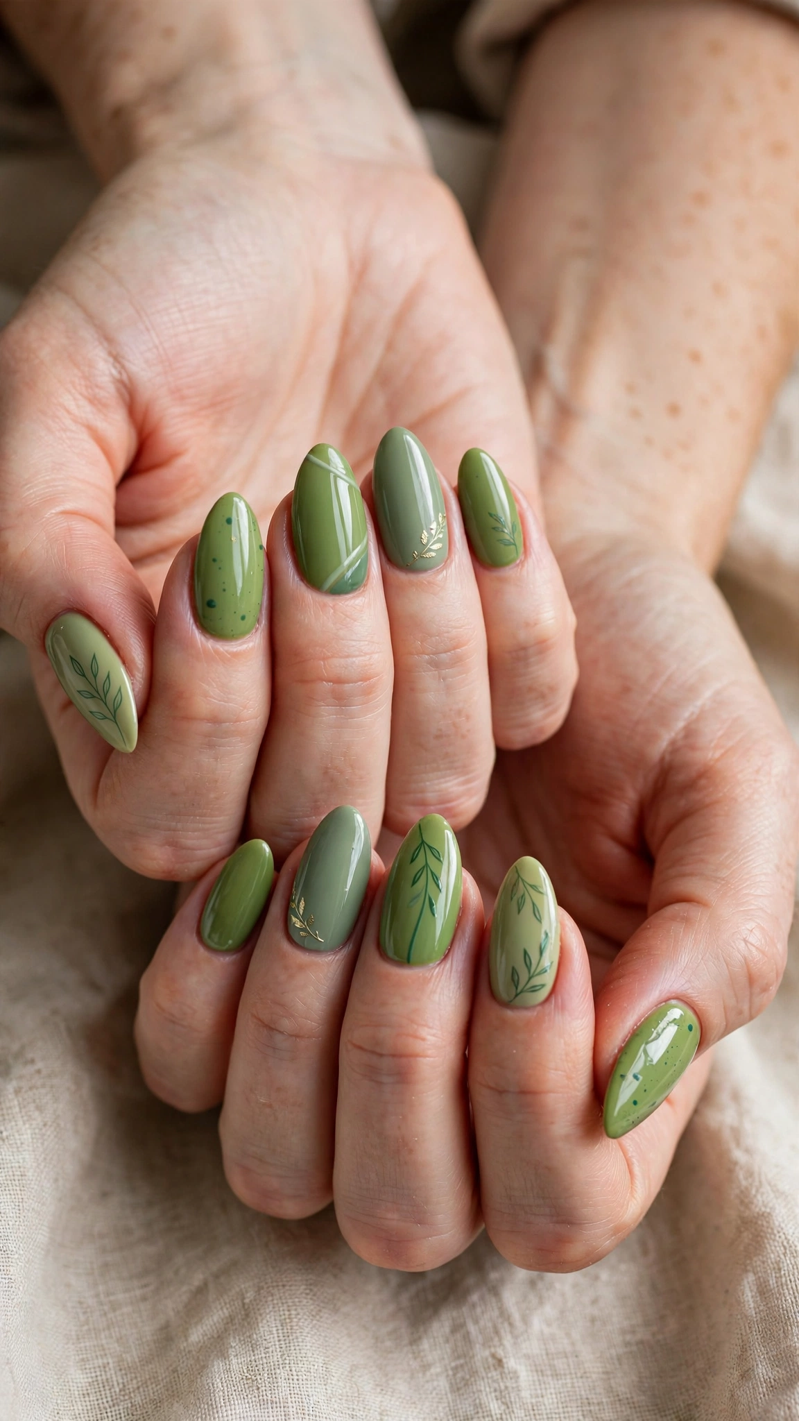 Almond Pistachio Green and Sage Nail Designs with a glossy finish and a sage accent nail