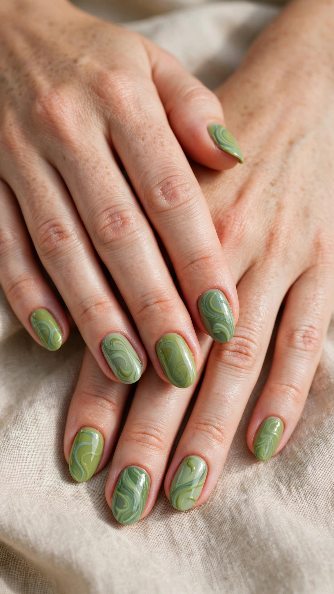 Oval Pistachio Green and Sage Nail Designs with a glossy finish and sage swirls