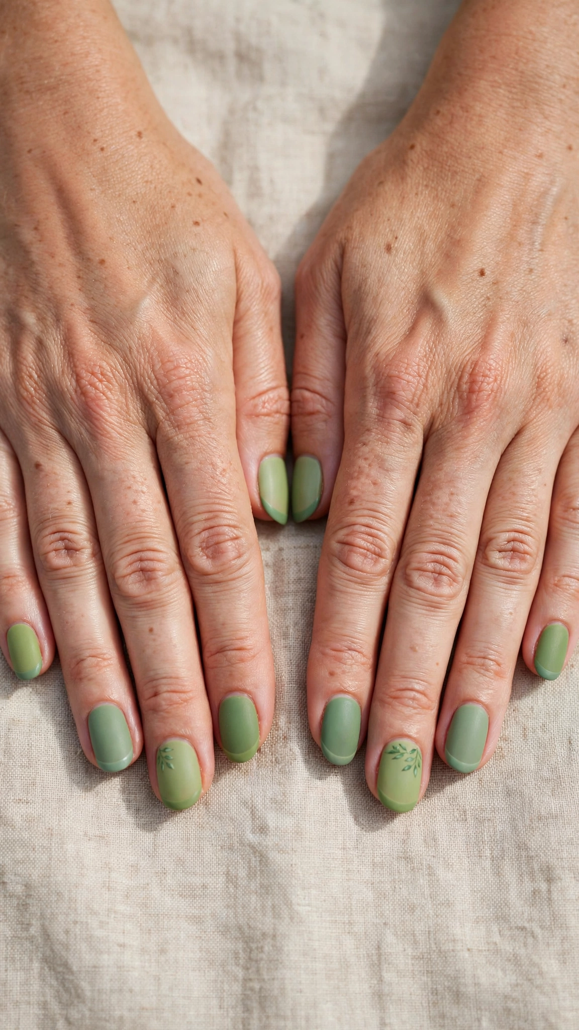 Short Oval Pistachio Green and Sage Nail Designs with a matte finish and a sage French tip