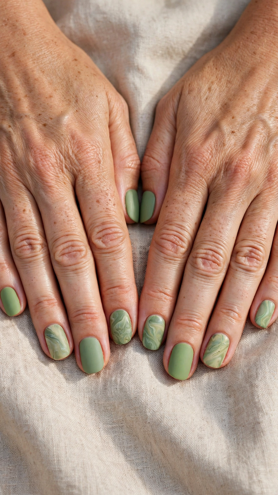 Rounded Square Pistachio Green and Sage Nail Designs with a matte finish and sage marble detail
