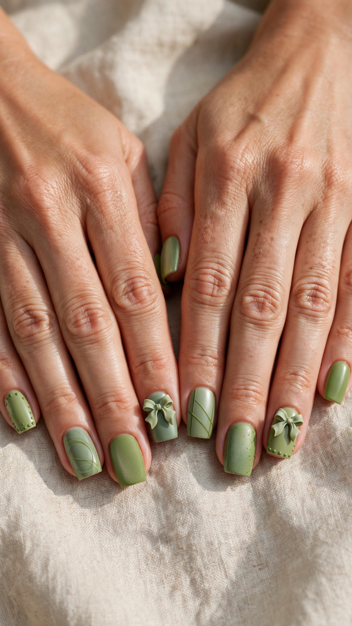 Square Pistachio Green and Sage Nail Designs with a satin finish and a sage bow accent