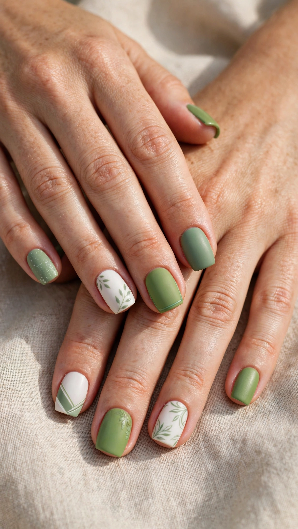 Short Square Pistachio Green and Sage Nail Designs with a satin finish and a white and sage combo