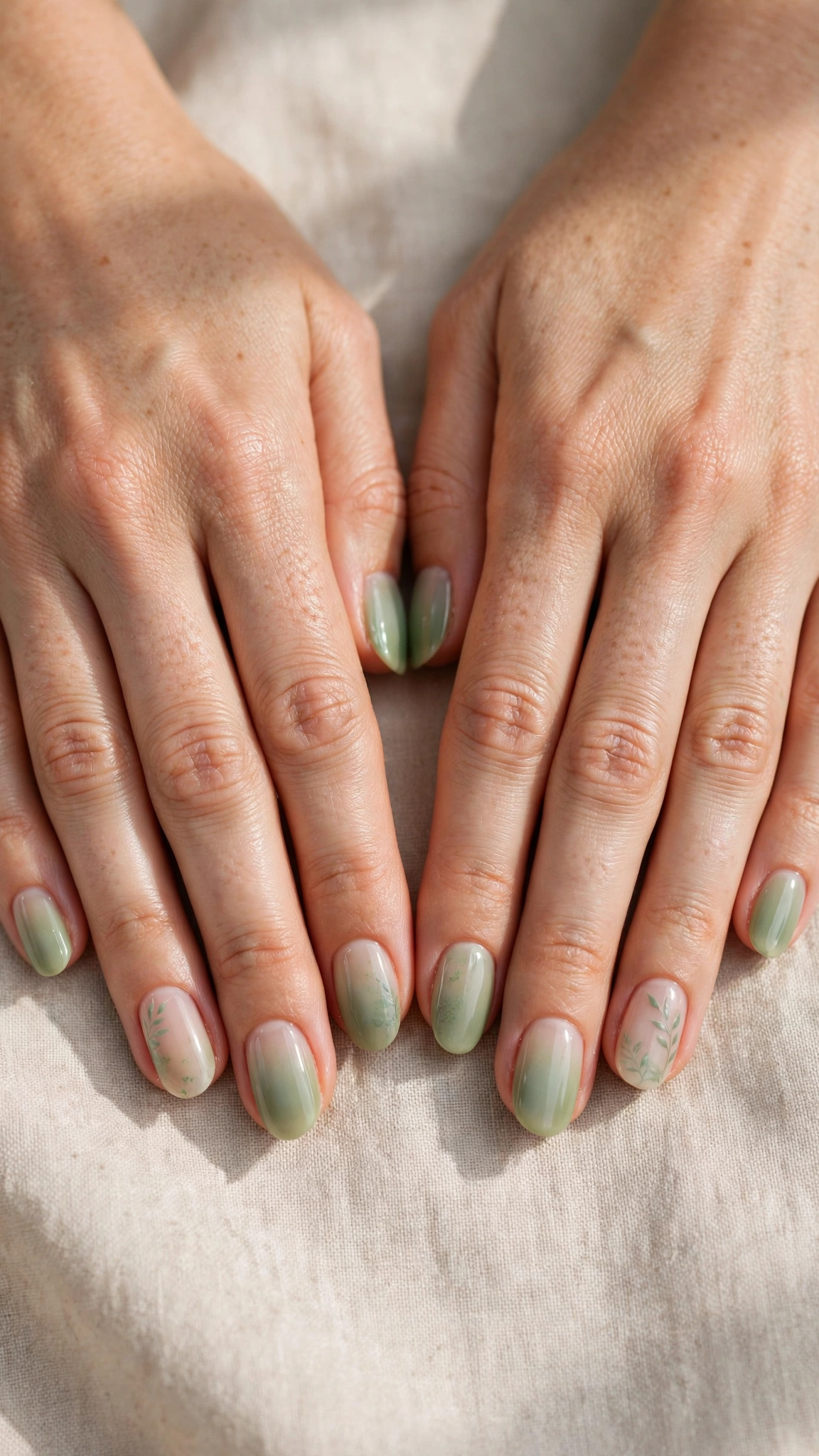 Round Pistachio Green and Sage Nail Designs with a sheer finish and a sage ombre fade