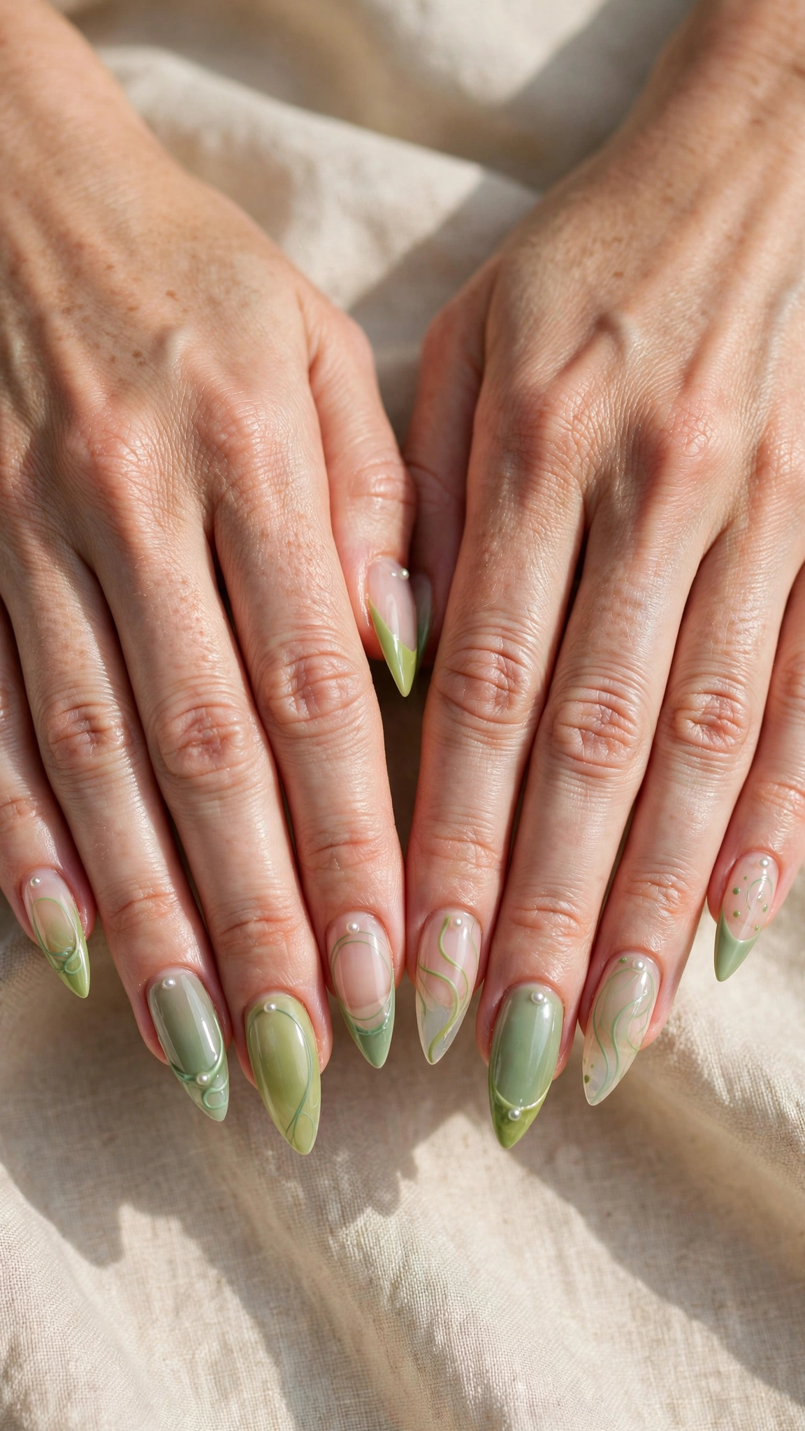 Soft Stiletto Pistachio Green and Sage Nail Designs with a sheer finish and a pearl dot