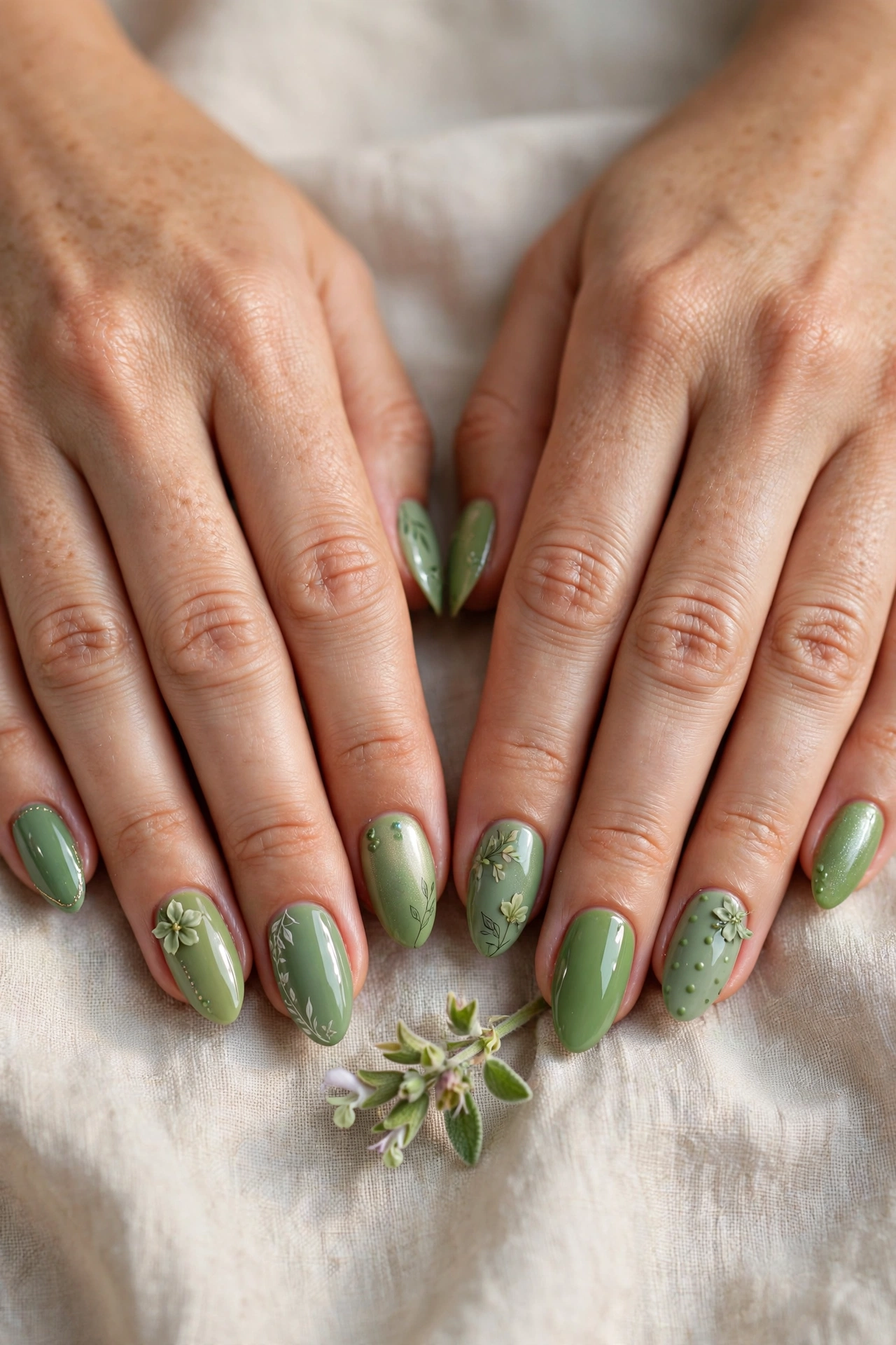 Almond Pistachio Green and Sage Nail Designs with a glossy finish and a tiny sage flower