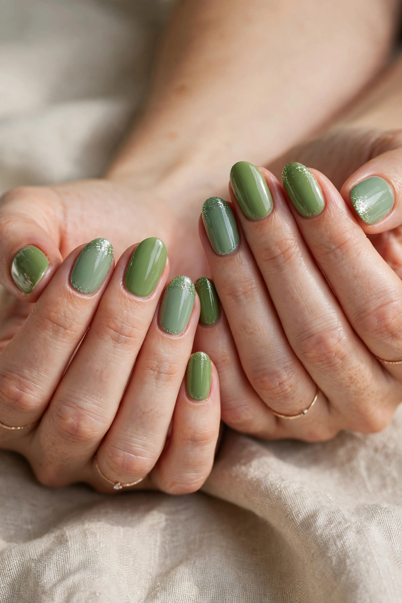 Oval Pistachio Green and Sage Nail Designs with a glossy finish and sage glitter tips