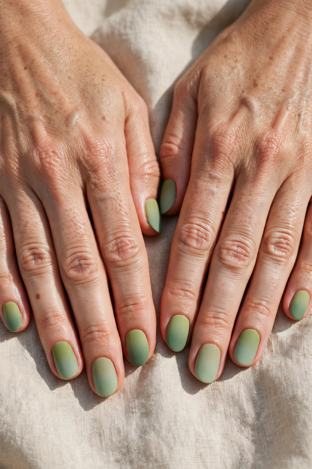Short Oval Pistachio Green and Sage Nail Designs with a matte finish and a sage gradient tip